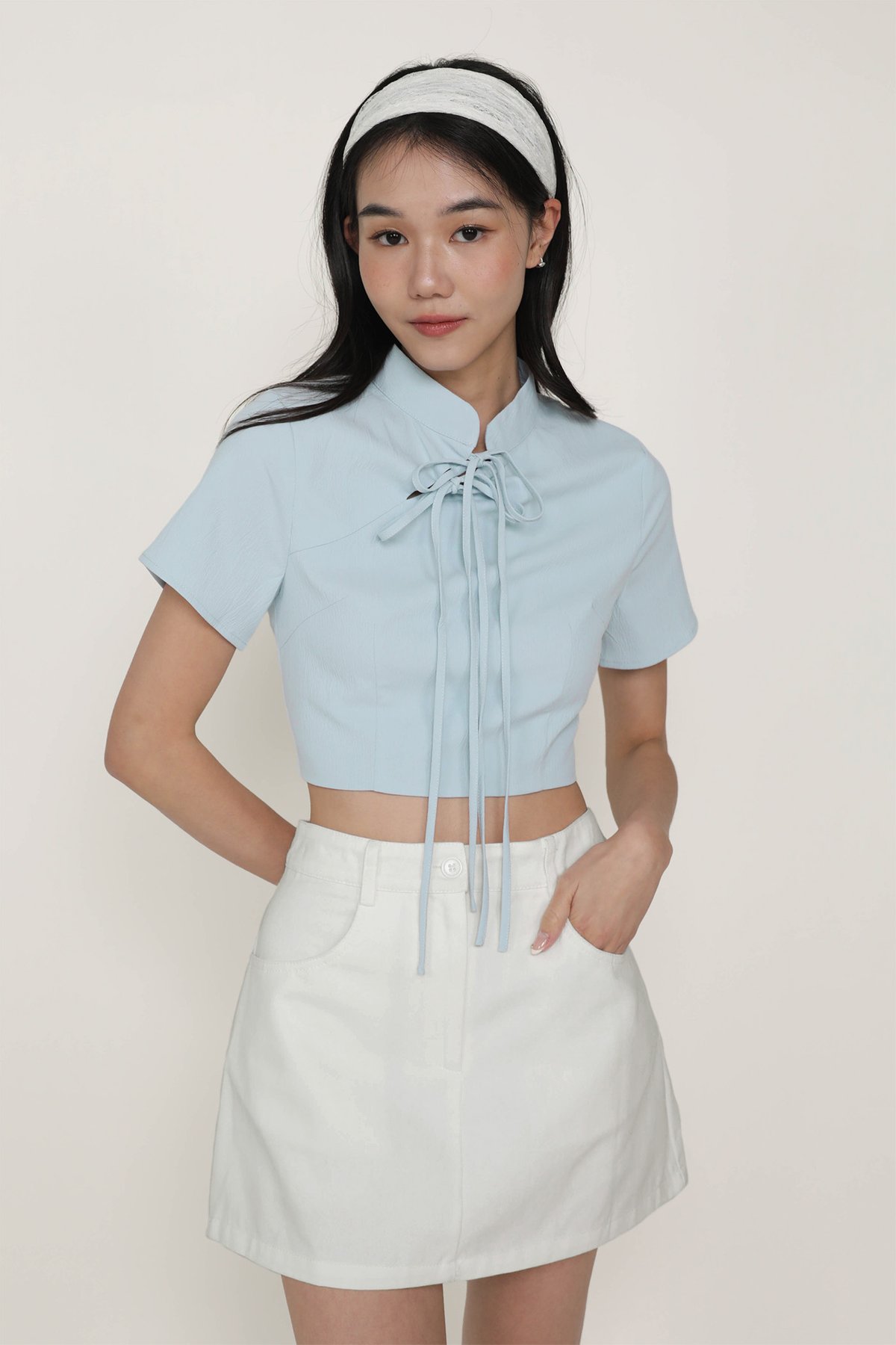 Arianne Mandarin Collar Ribbon Crop Top (Baby Blue)