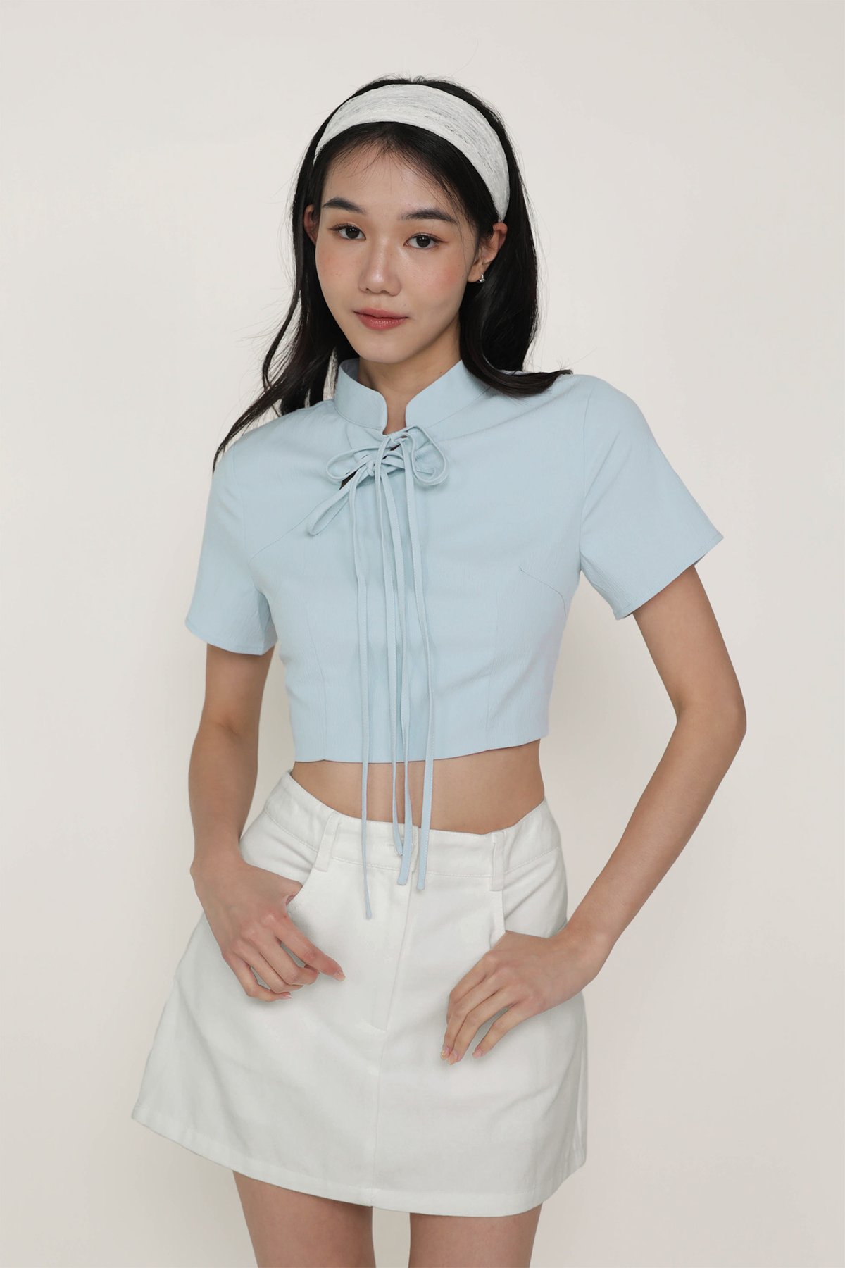 Arianne Mandarin Collar Ribbon Crop Top (Baby Blue)