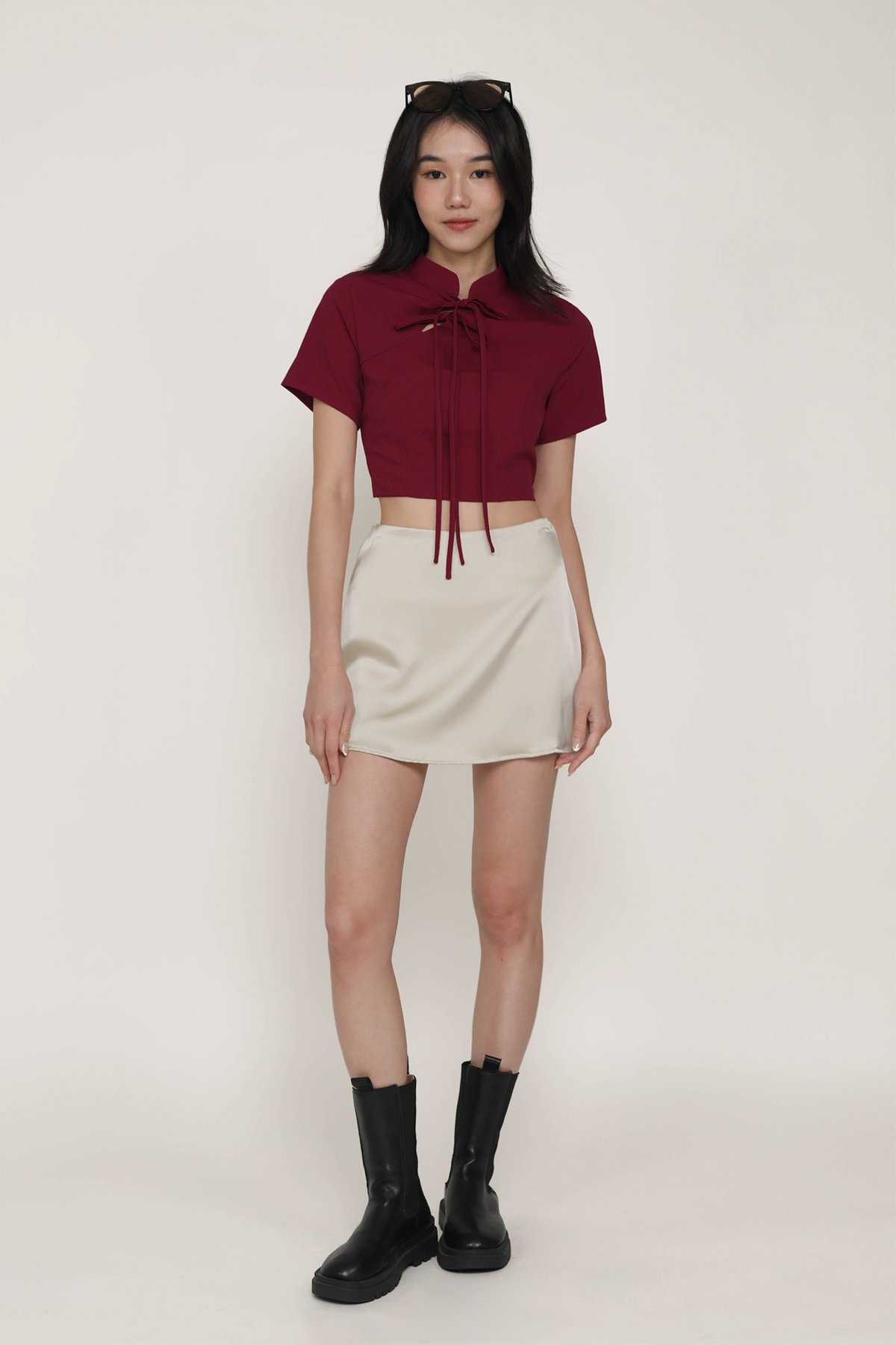 Arianne Mandarin Collar Ribbon Crop Top (Maroon)