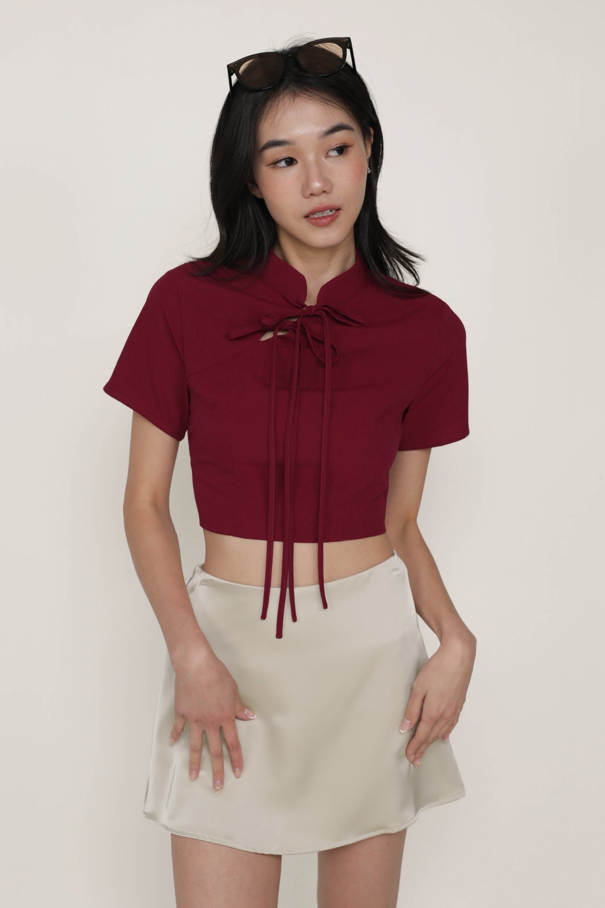 Arianne Mandarin Collar Ribbon Crop Top (Maroon)