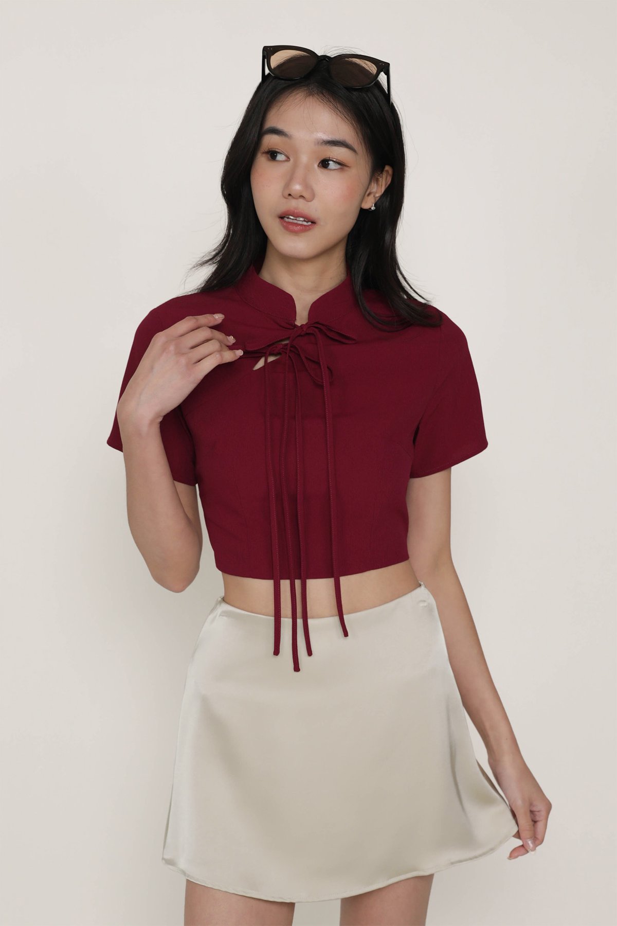 Arianne Mandarin Collar Ribbon Crop Top (Maroon)