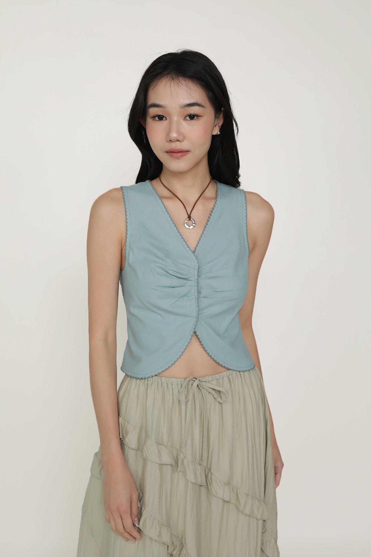 Carlyn Lace Trim Ruched Vest Top (Ash Blue)