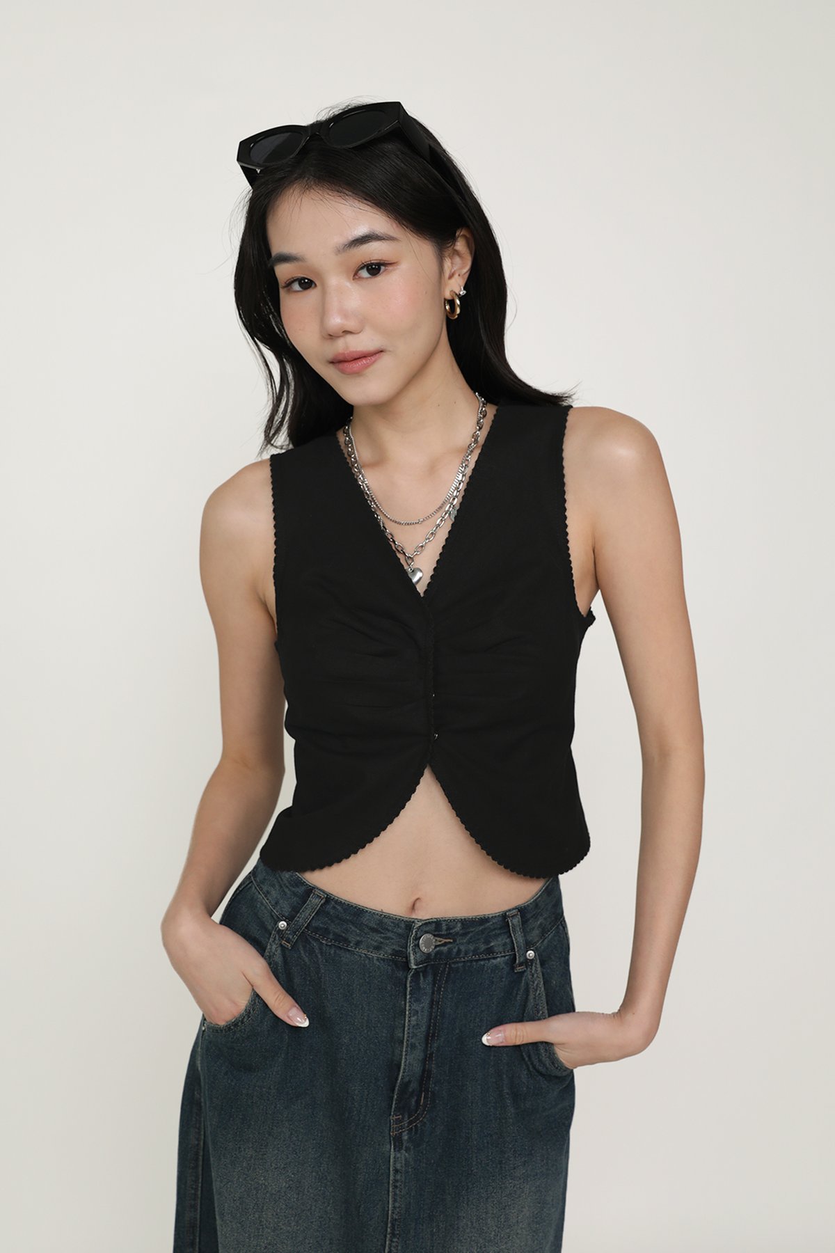 Carlyn Lace Trim Ruched Vest Top (Black)