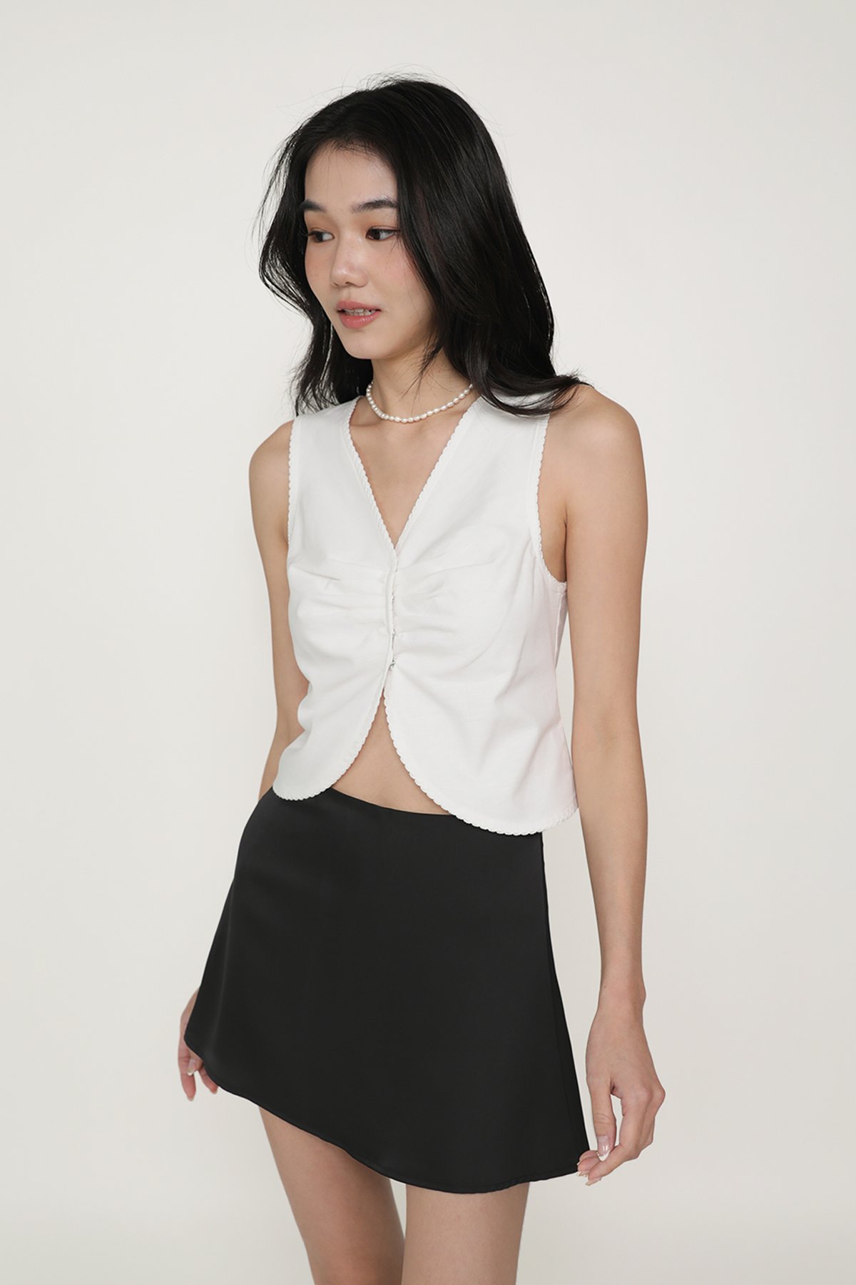 Carlyn Lace Trim Ruched Vest Top (White)