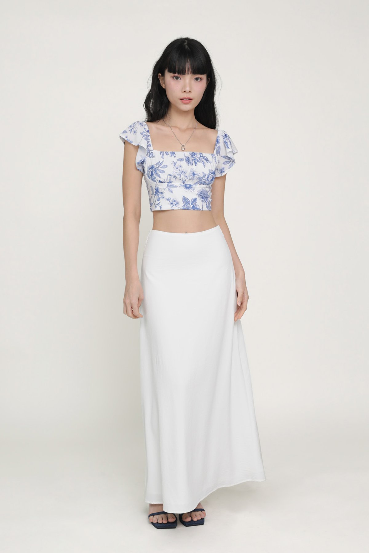 Chelsey Flutter Sleeve Crop Top (Blue Toile)