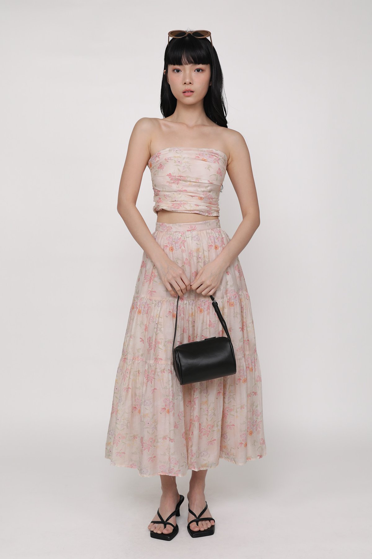 Darleen Ruched Tube Padded Top (Pink Petals)