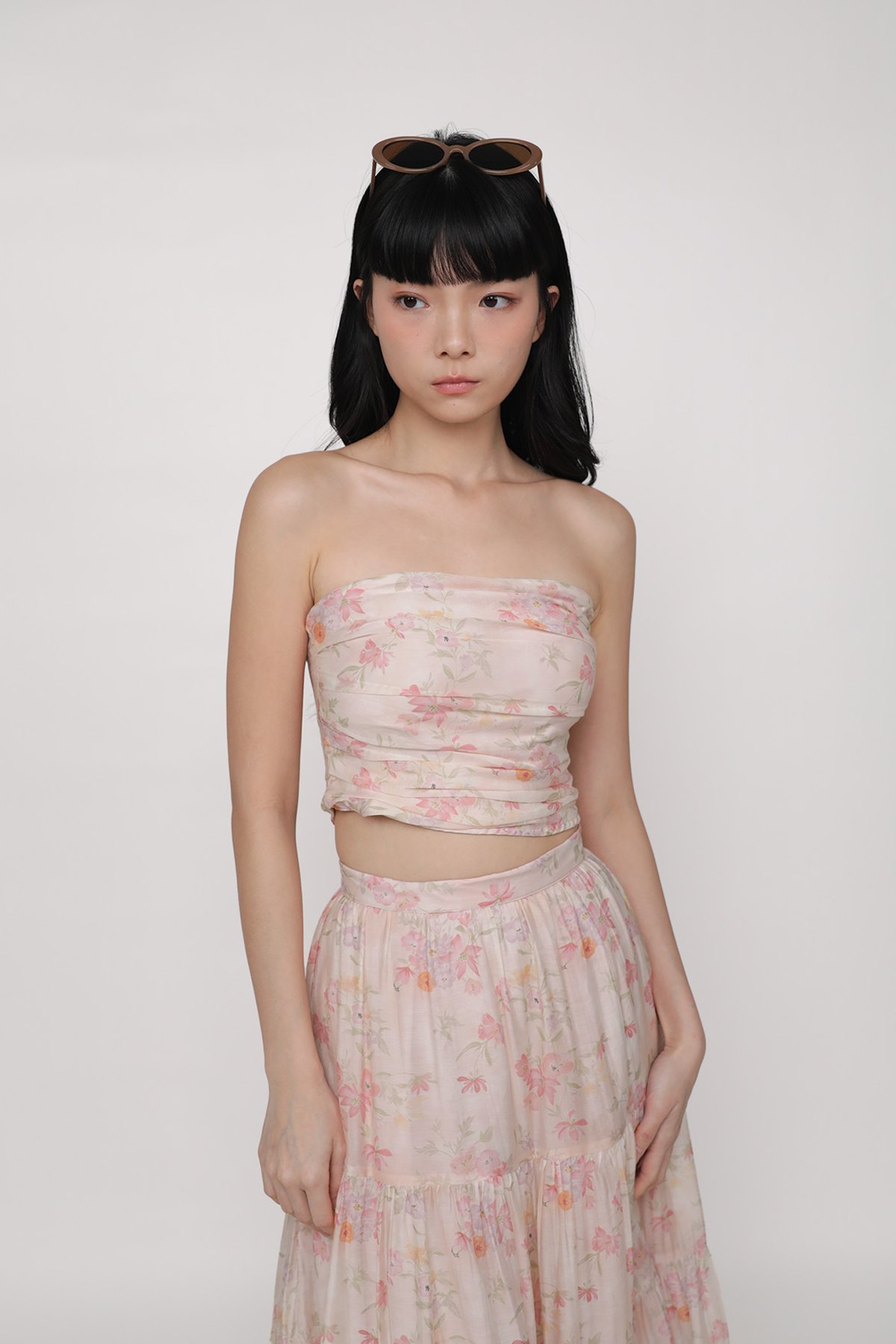 Darleen Ruched Tube Padded Top (Pink Petals)