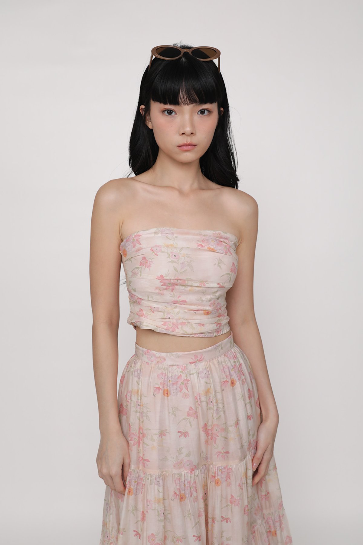 Darleen Ruched Tube Padded Top (Pink Petals)