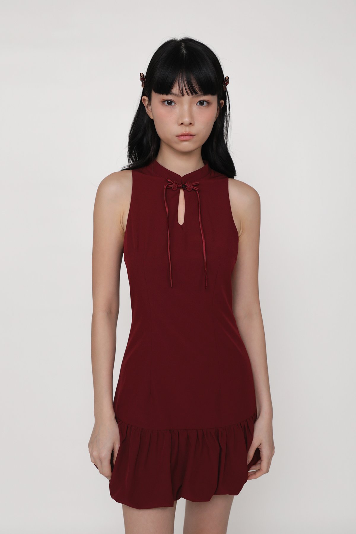 Evelyn Bubble Hem Qipao Dress (Maroon)