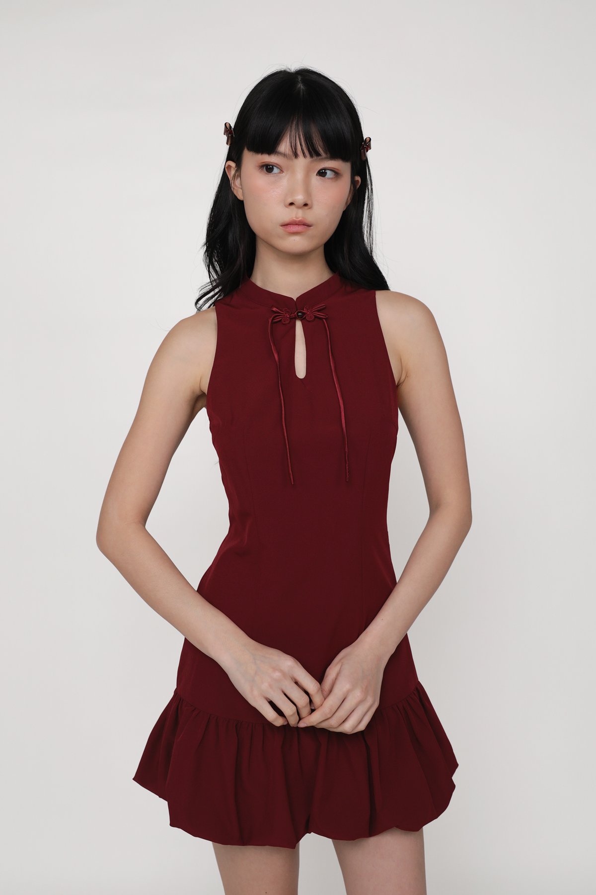 Evelyn Bubble Hem Qipao Dress (Maroon)