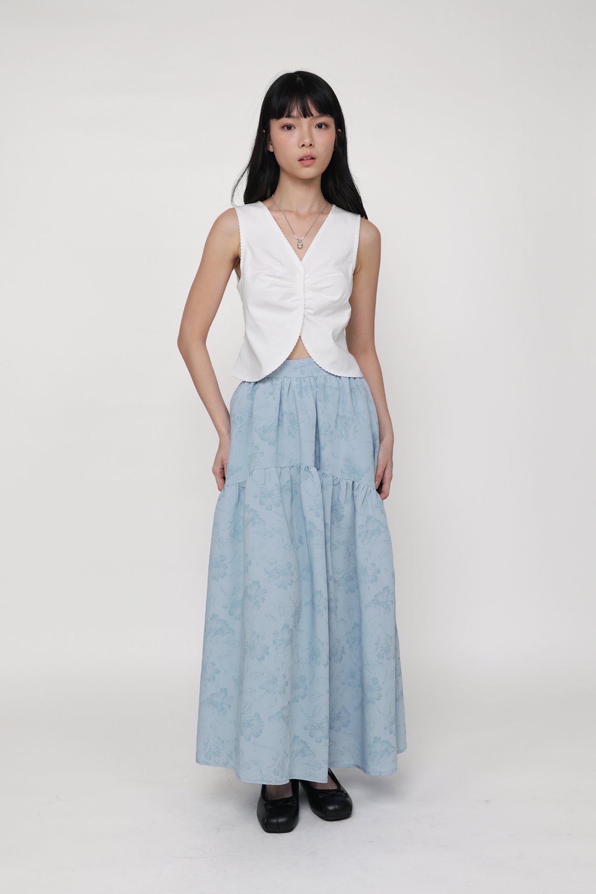 Isabella Tiered Maxi Skirt (Blue Florals)