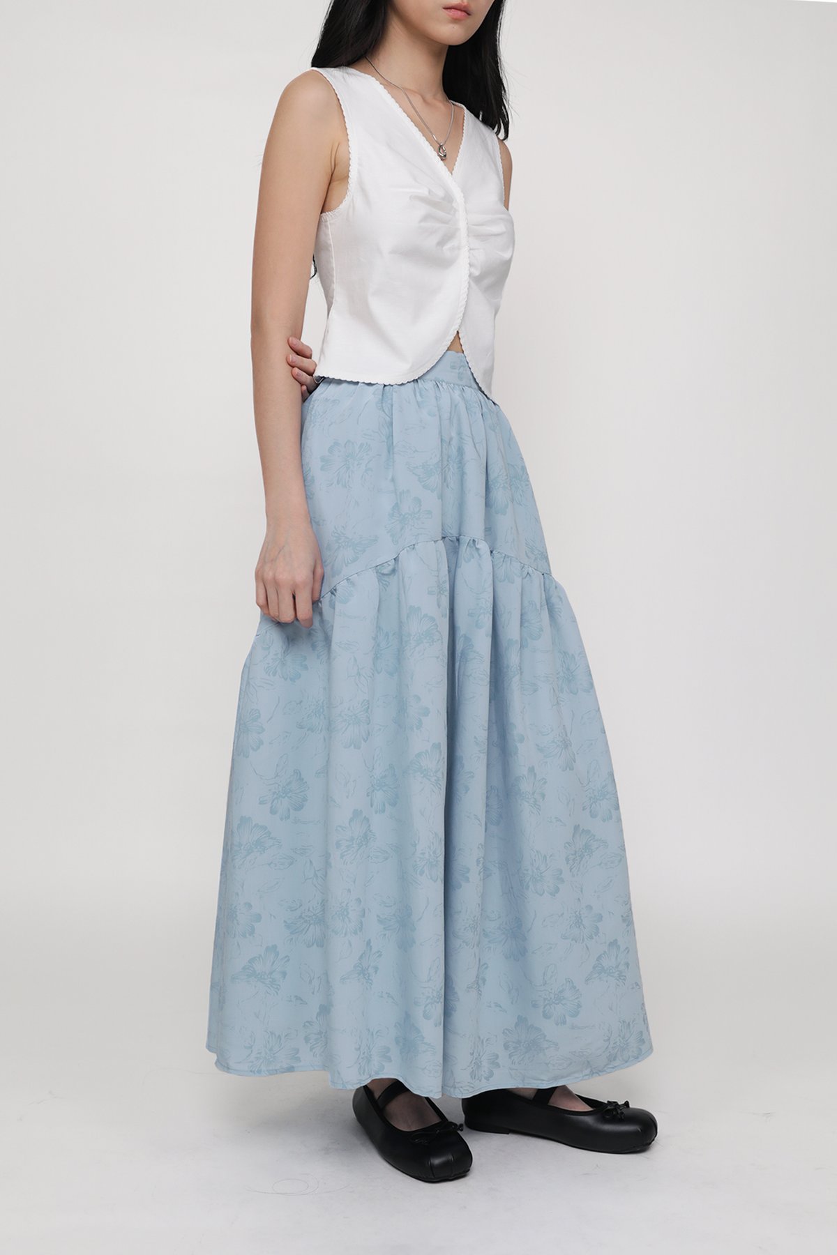 Isabella Tiered Maxi Skirt (Blue Florals)