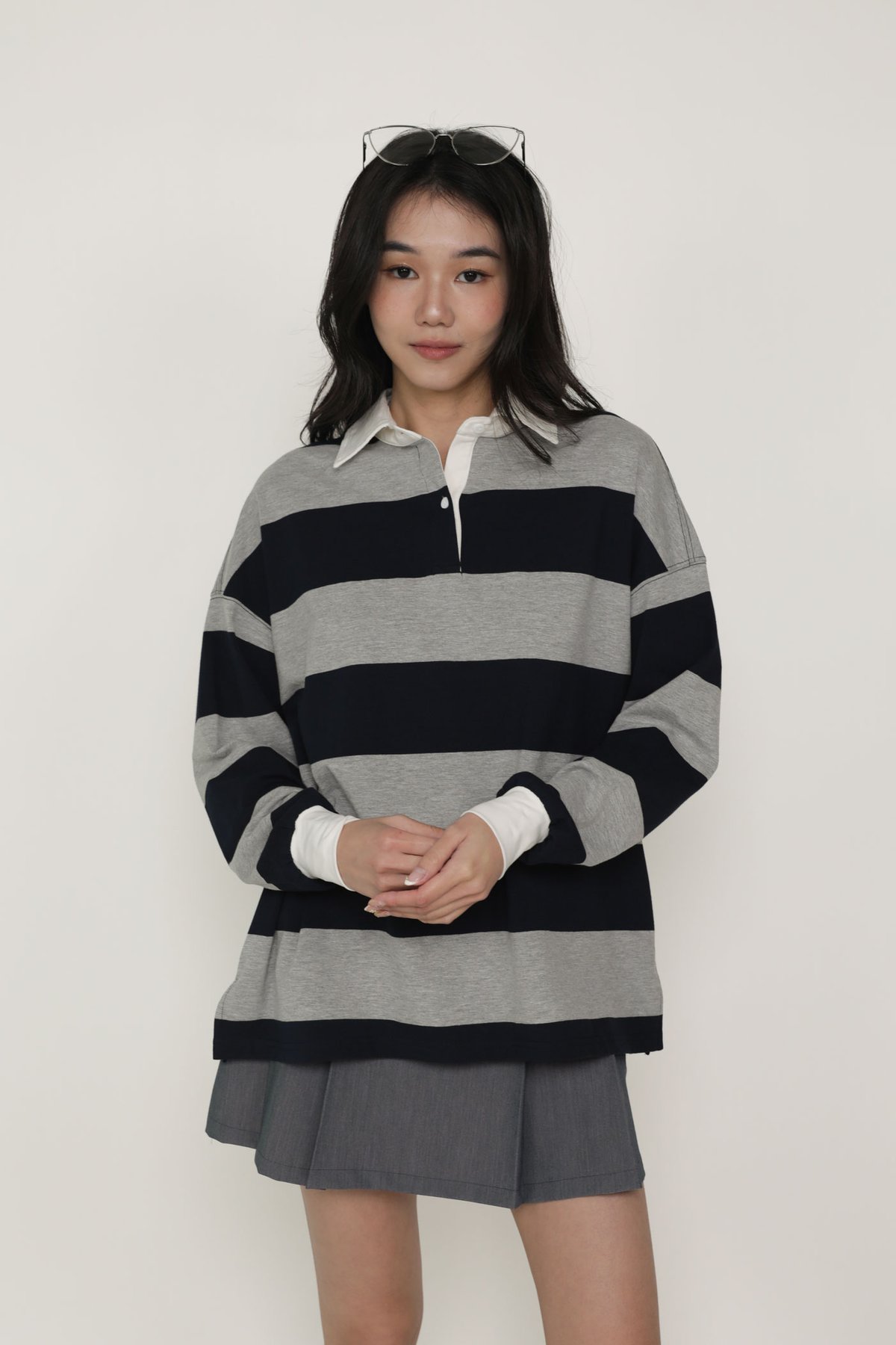 Leonard Oversized Long Sleeve Polo Shirt (Grey Stripes)