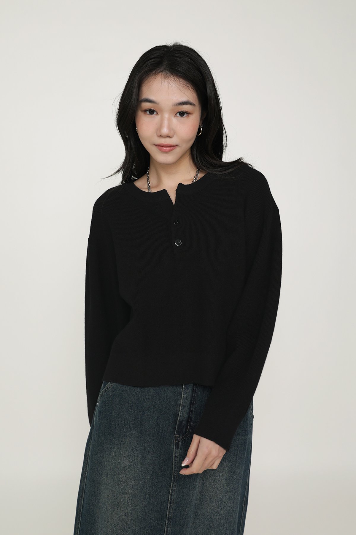 Marlow Button Knit Pullover (Black)