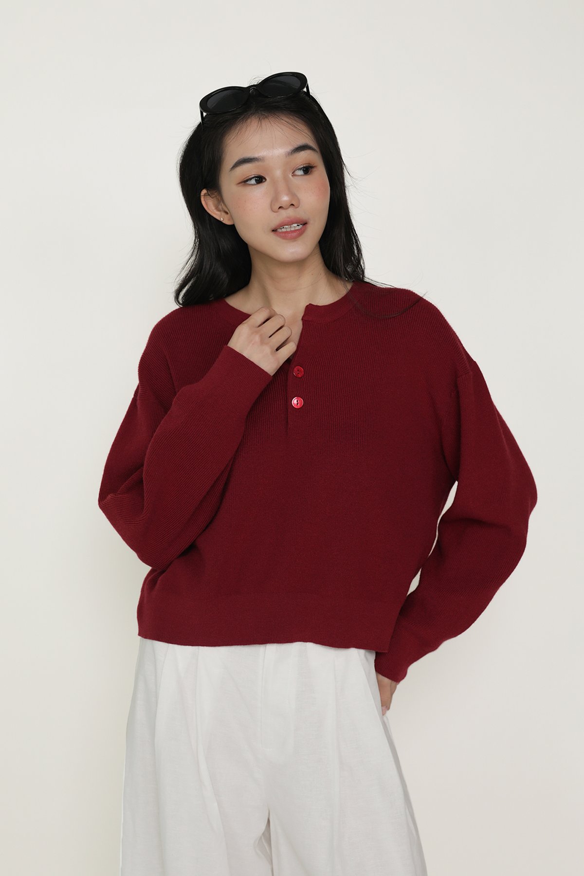 Marlow Button Knit Pullover (Maroon)