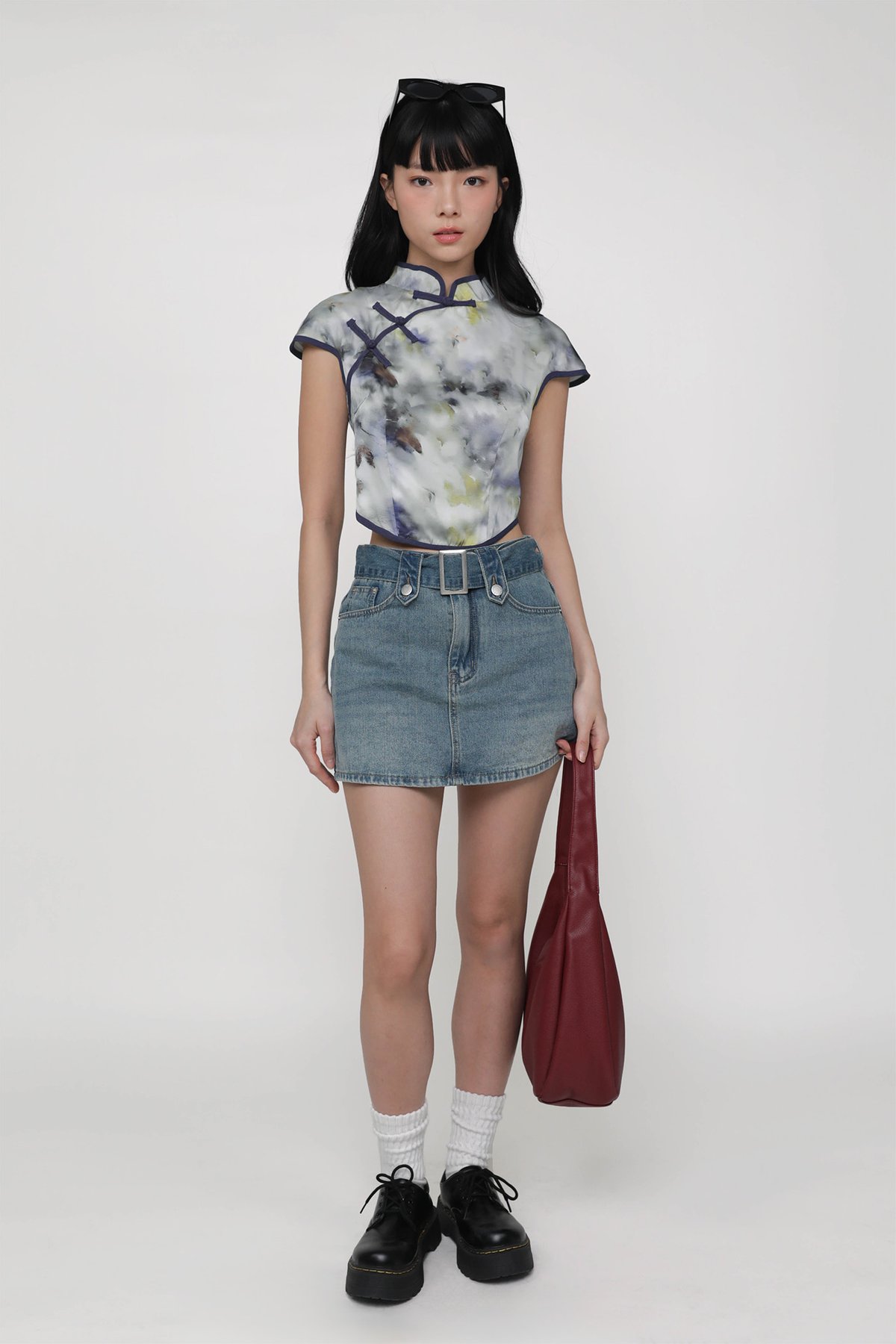 Rui Qipao Curved Hem Top (Grey Abstract)