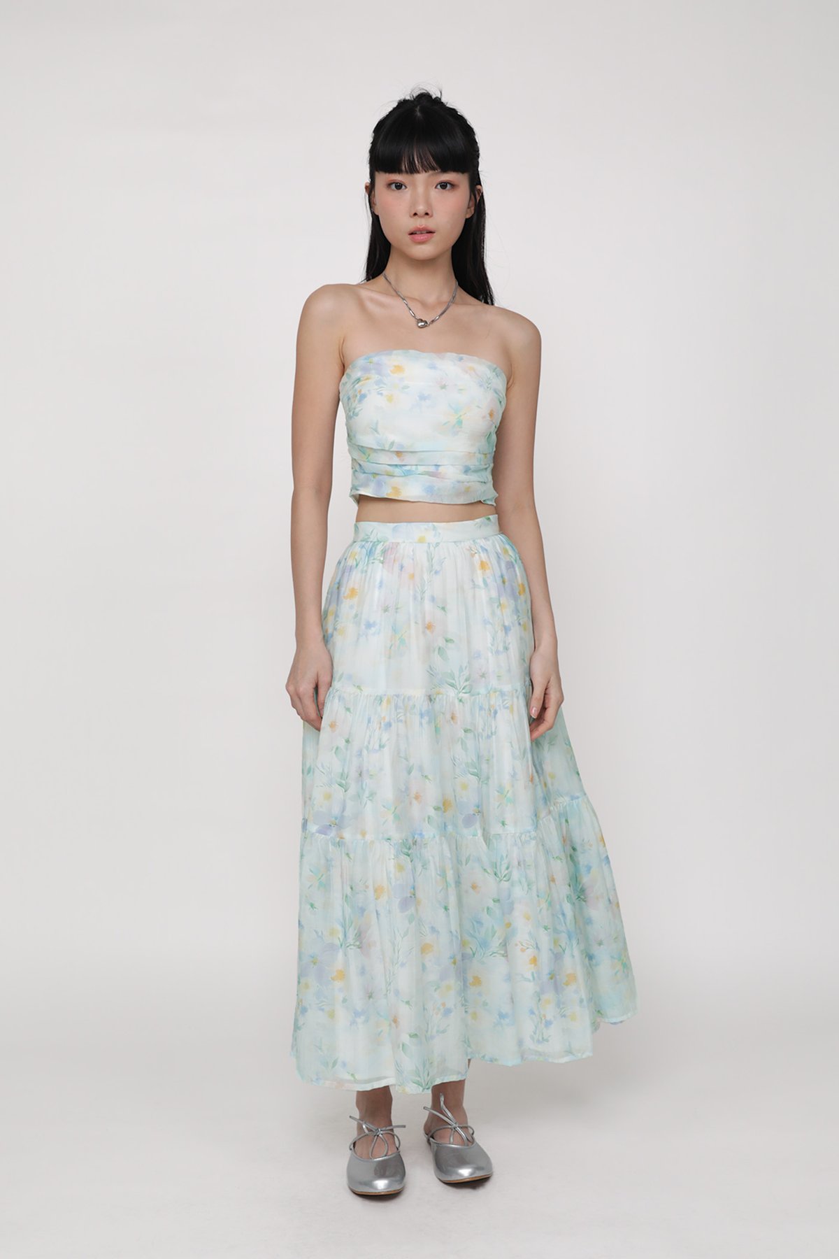 Selena Tiered Midi Skirt (Blue Petals)