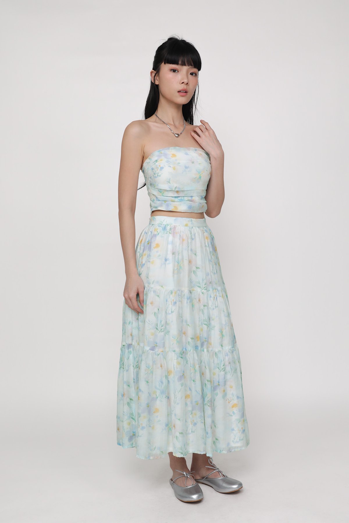 Selena Tiered Midi Skirt (Blue Petals)