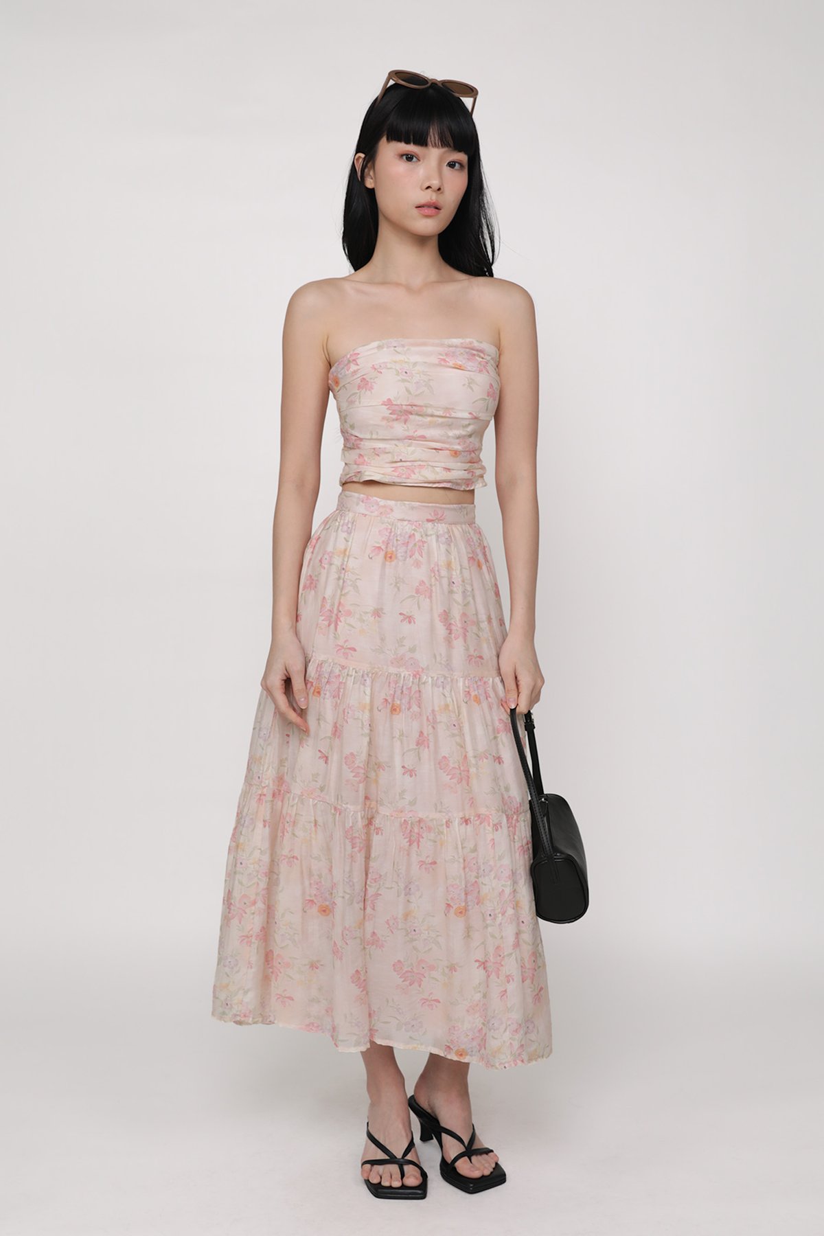 Selena Tiered Midi Skirt (Pink Petals)