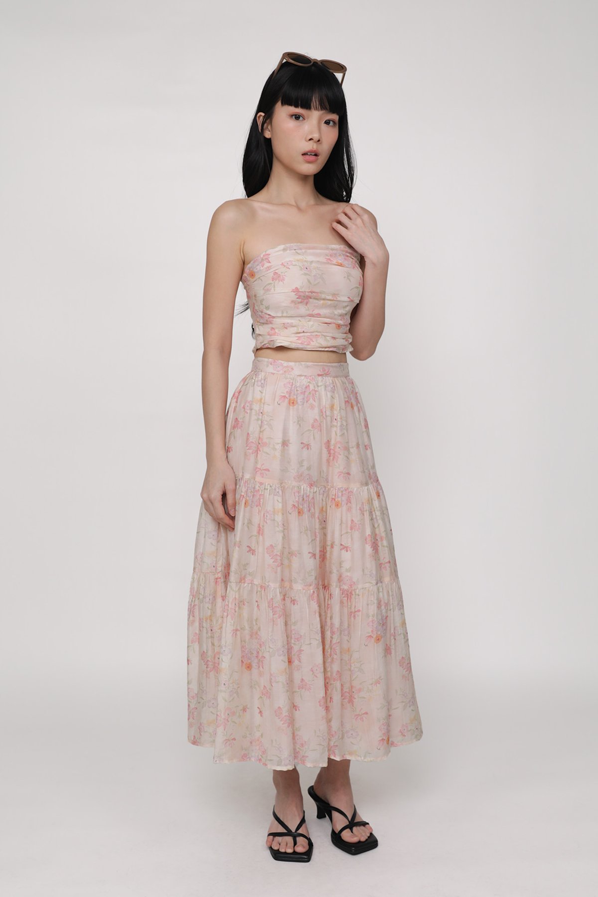 Selena Tiered Midi Skirt (Pink Petals)