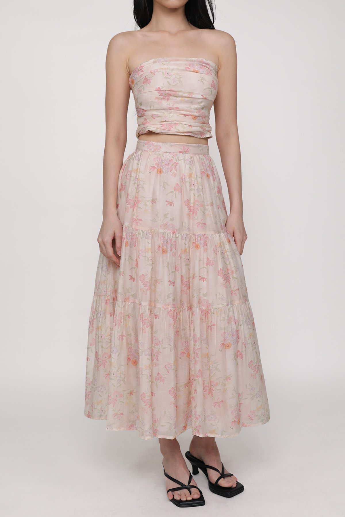 Selena Tiered Midi Skirt (Pink Petals)