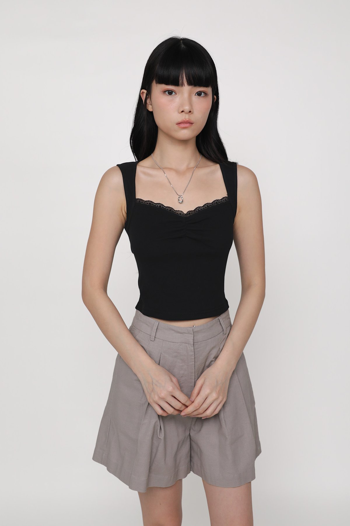 Sylvia Ruched Lace Trim Top (Black)