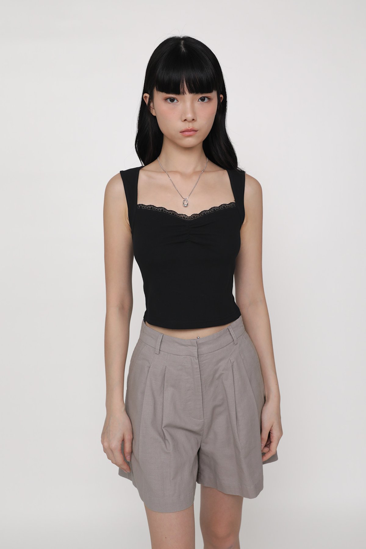 Sylvia Ruched Lace Trim Top (Black)