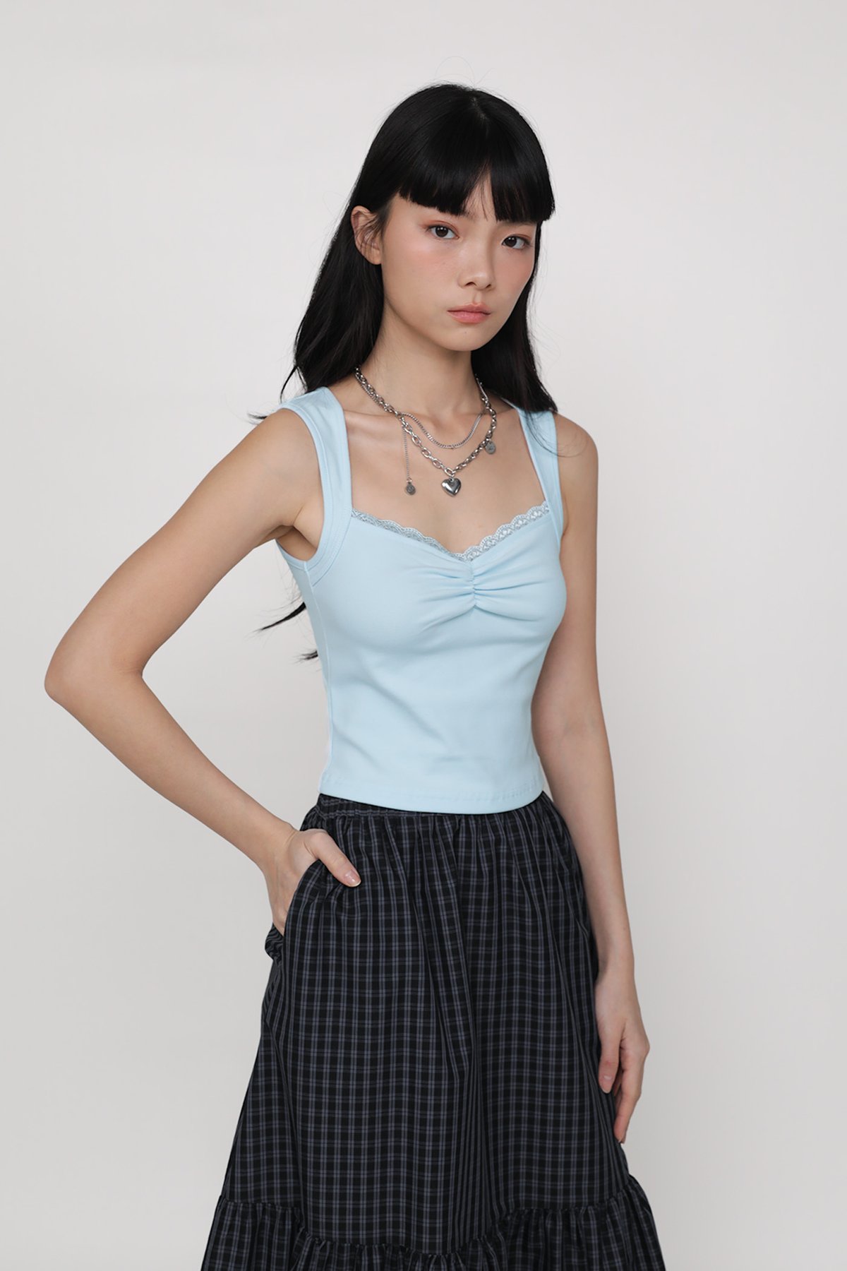 Sylvia Ruched Lace Trim Top (Blue)