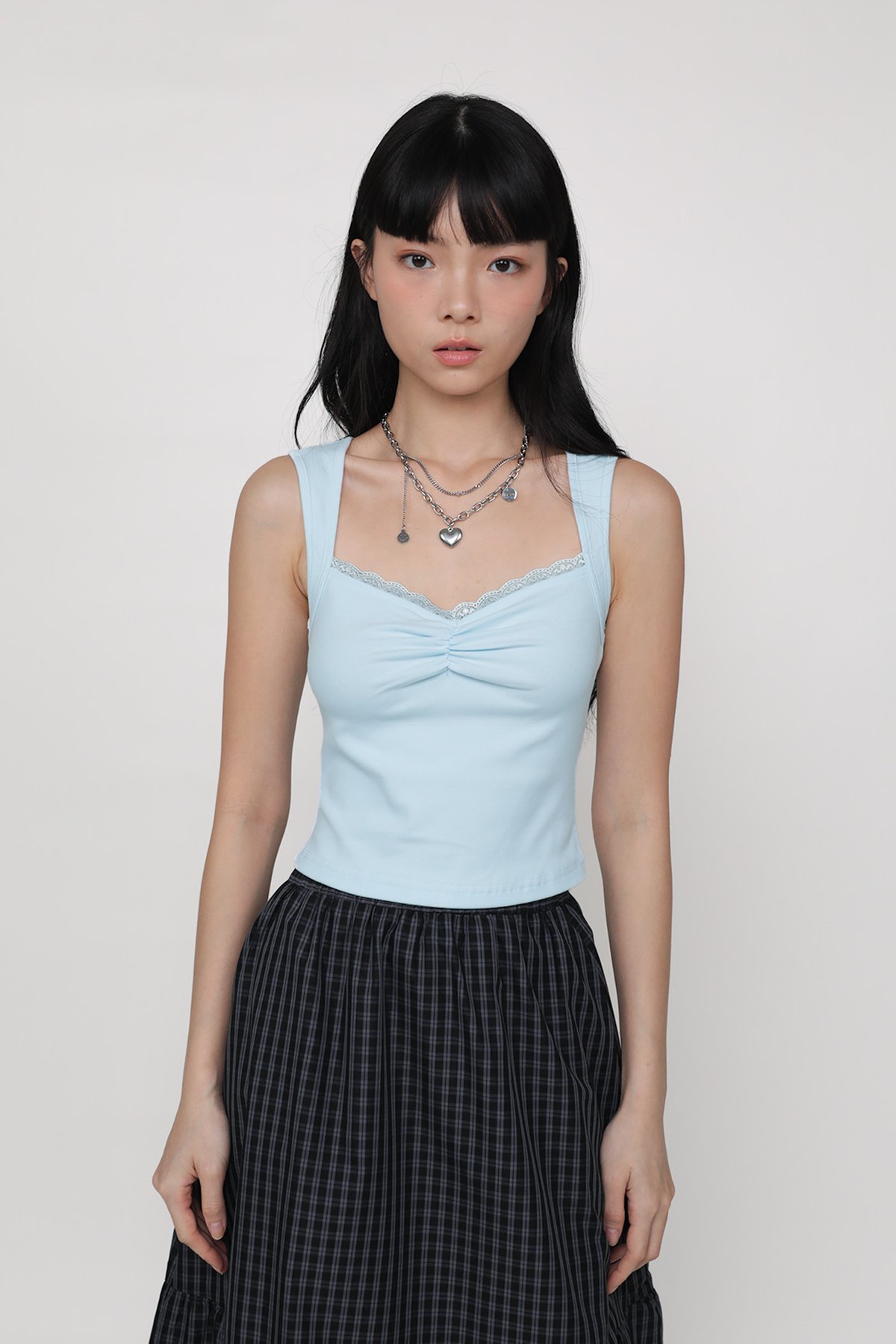 Sylvia Ruched Lace Trim Top (Blue)