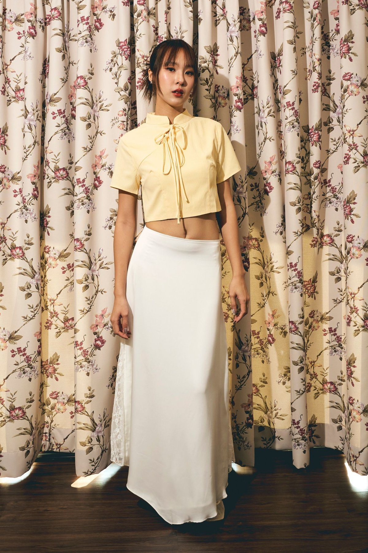 Arianne Mandarin Collar Ribbon Crop Top (Butter)