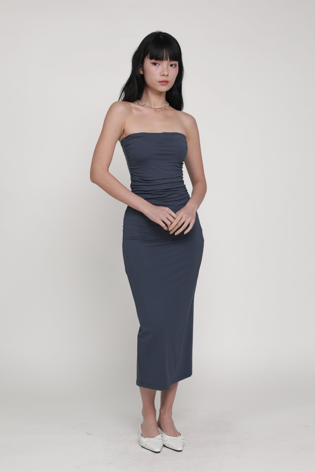 Dyllis Ruched Tube Padded Maxi Dress (Gunmetal Grey)