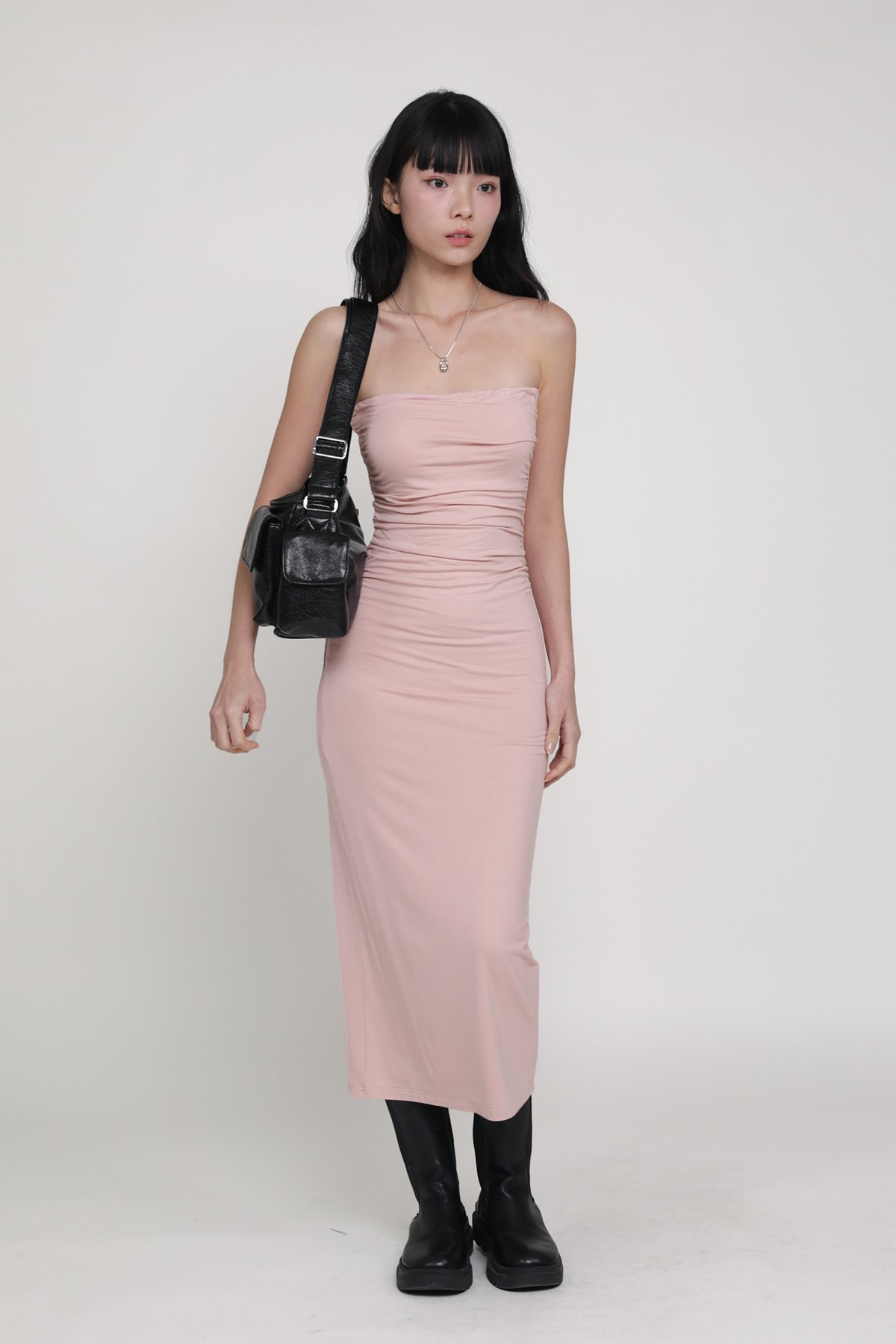 Dyllis Ruched Tube Padded Maxi Dress (Pink)