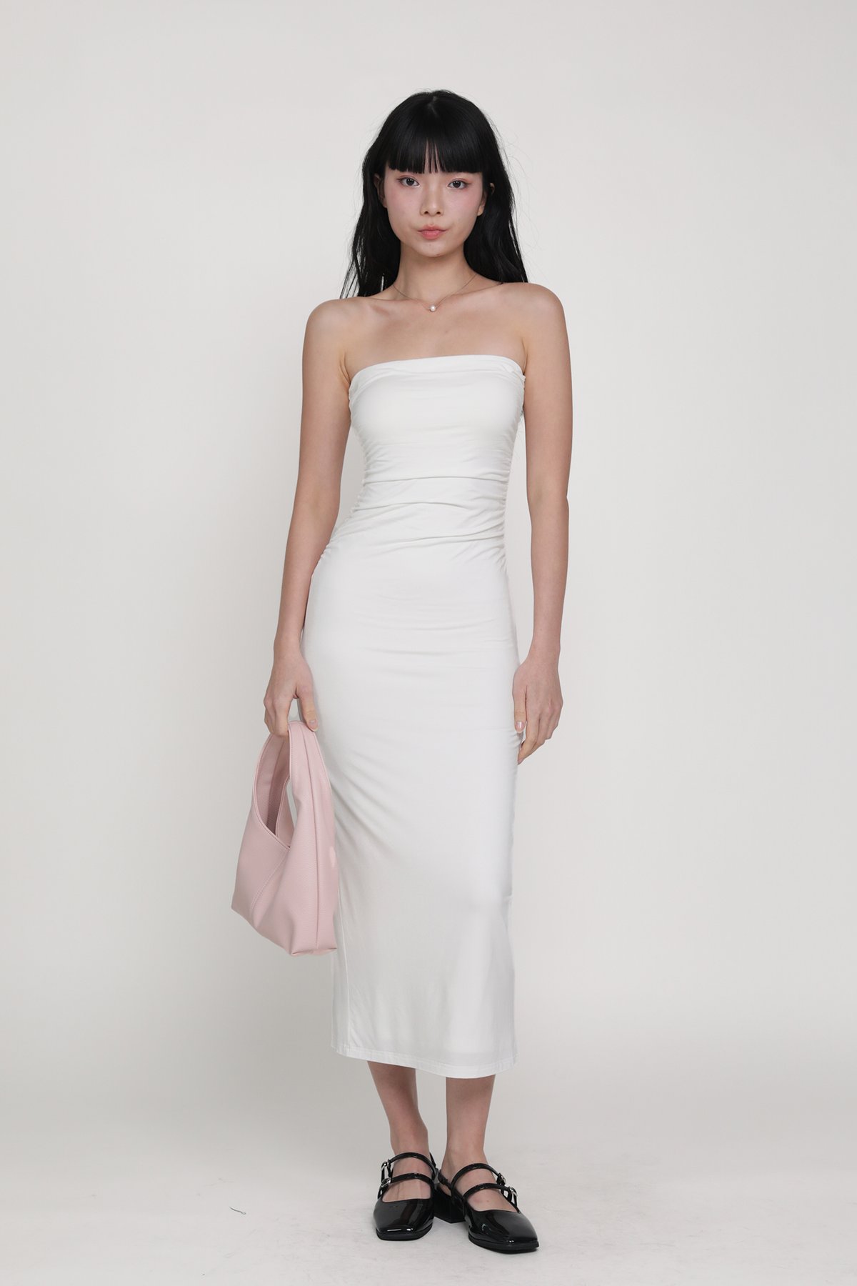 Dyllis Ruched Tube Padded Maxi Dress (White)