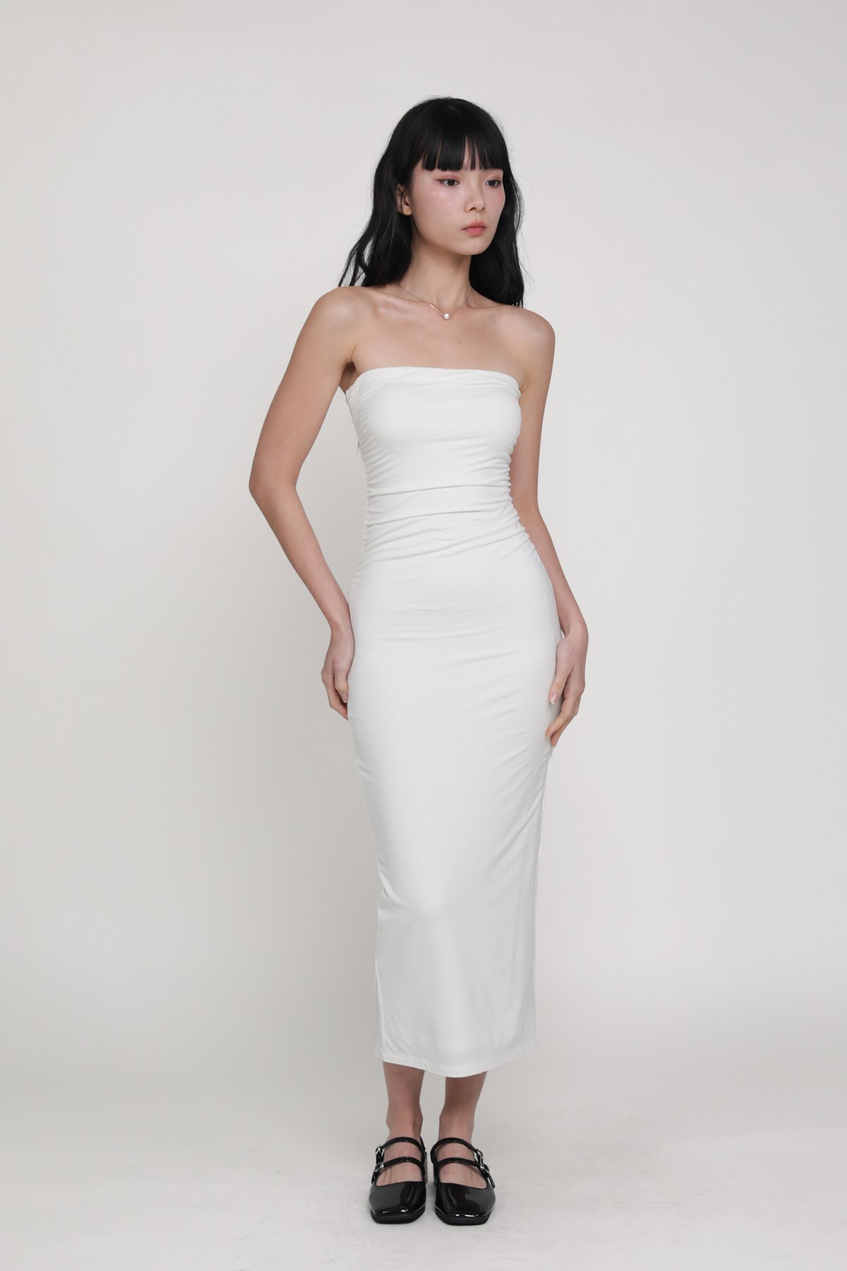 Dyllis Ruched Tube Padded Maxi Dress (White)