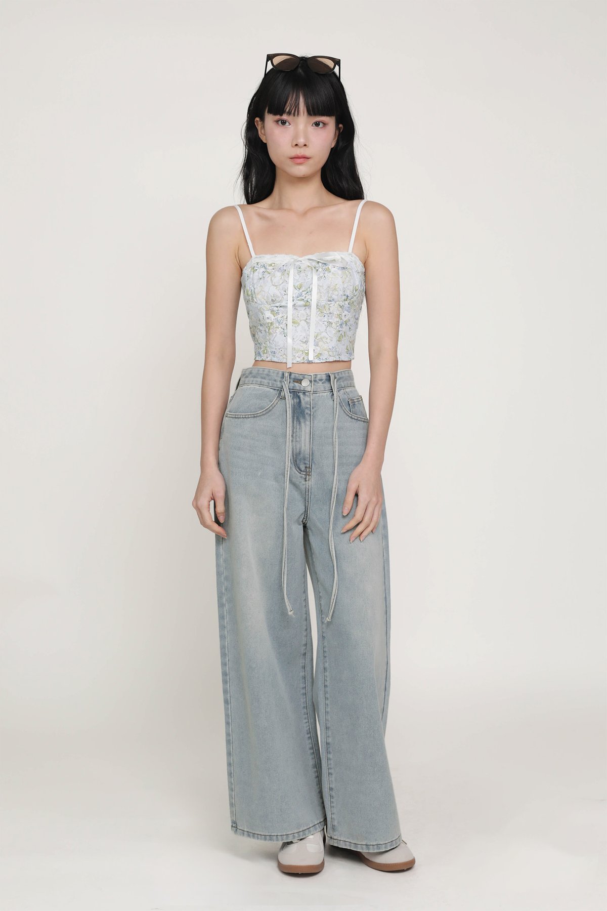 Charly Drawstring Wide Leg Denim Jeans (Light Wash)