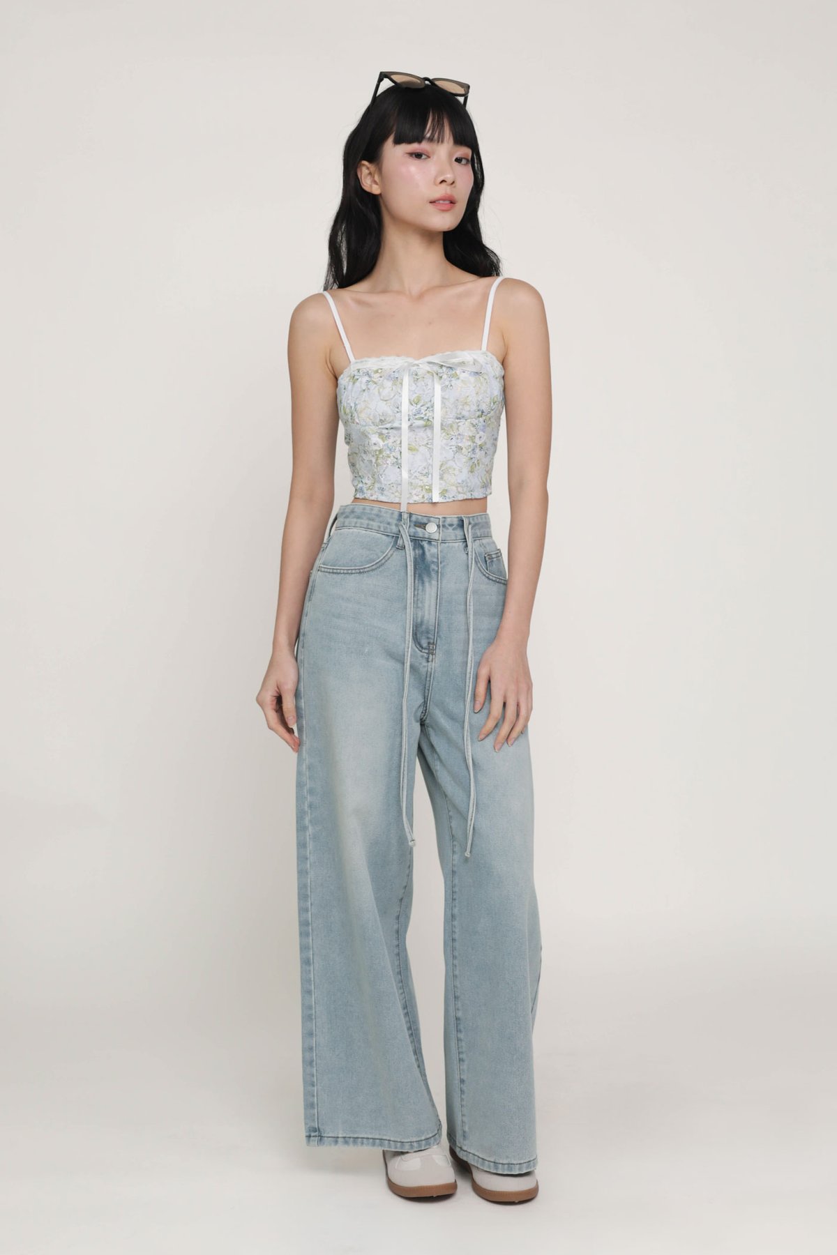 Charly Drawstring Wide Leg Denim Jeans (Light Wash)