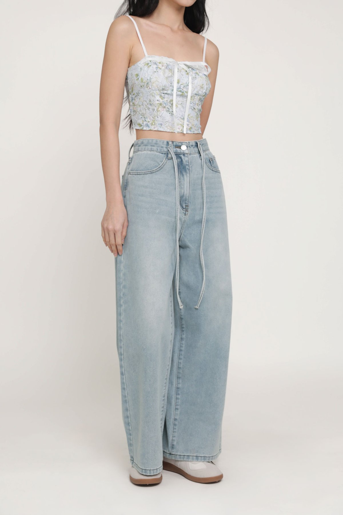 Charly Drawstring Wide Leg Denim Jeans (Light Wash)