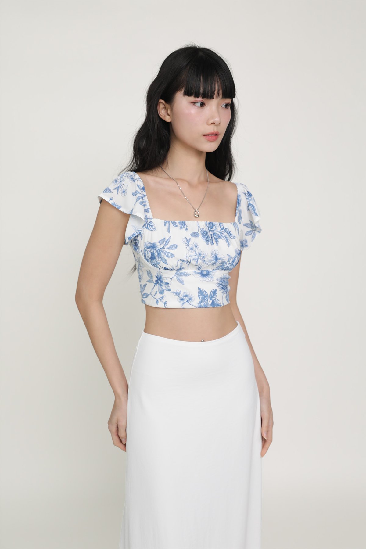 Chelsey Flutter Sleeve Crop Top (Blue Toile)