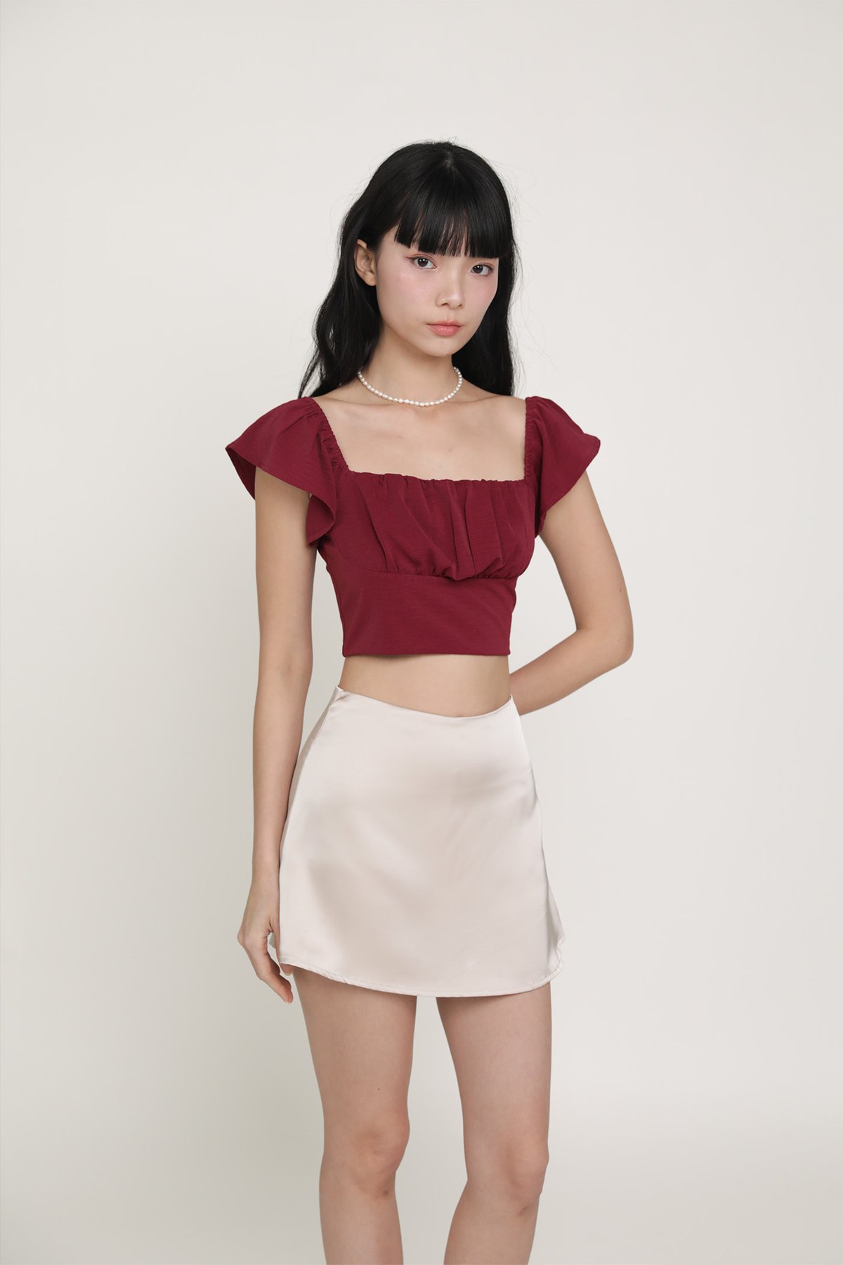 Chelsey Flutter Sleeve Crop Top (Maroon)