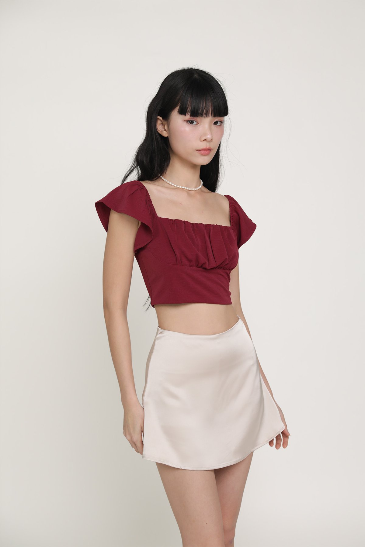 Chelsey Flutter Sleeve Crop Top (Maroon)