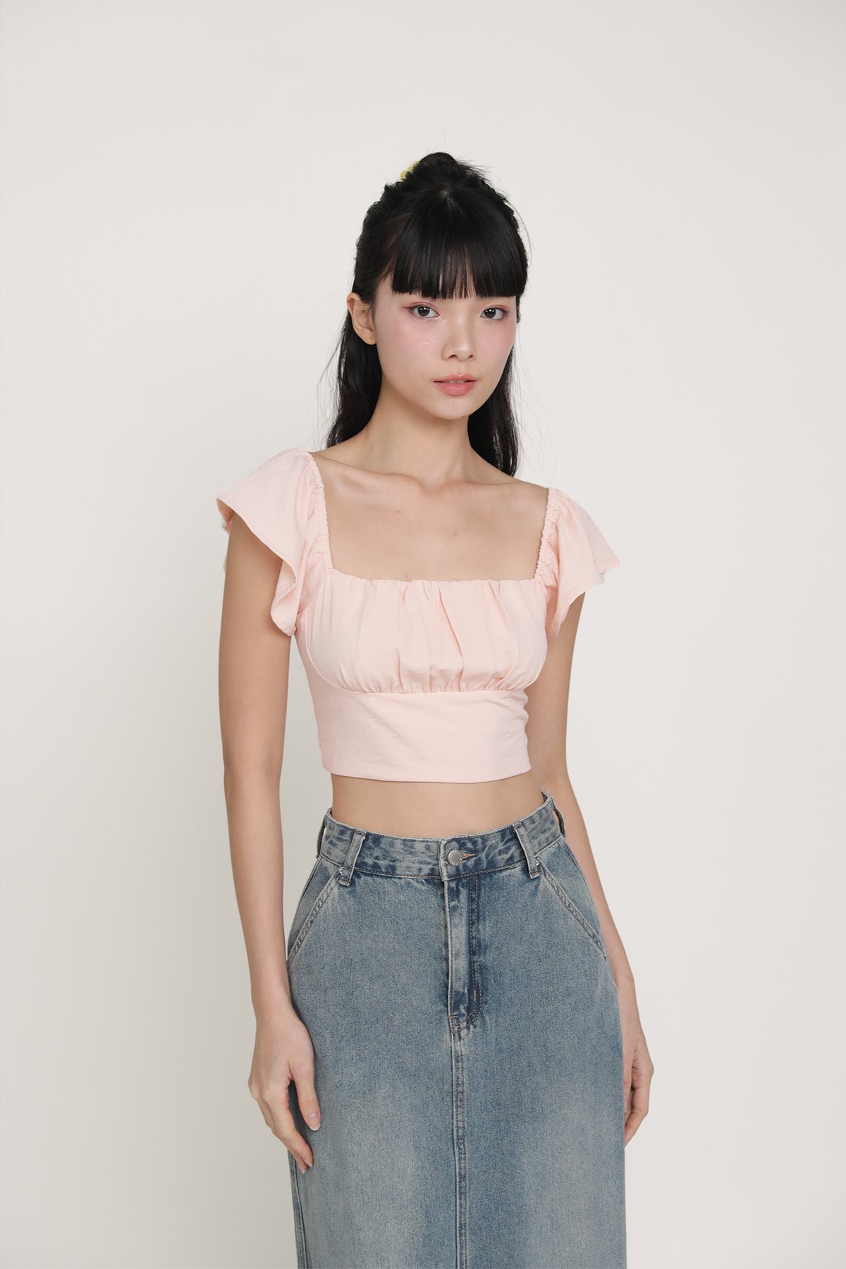 Chelsey Flutter Sleeve Crop Top (Sakura Pink)