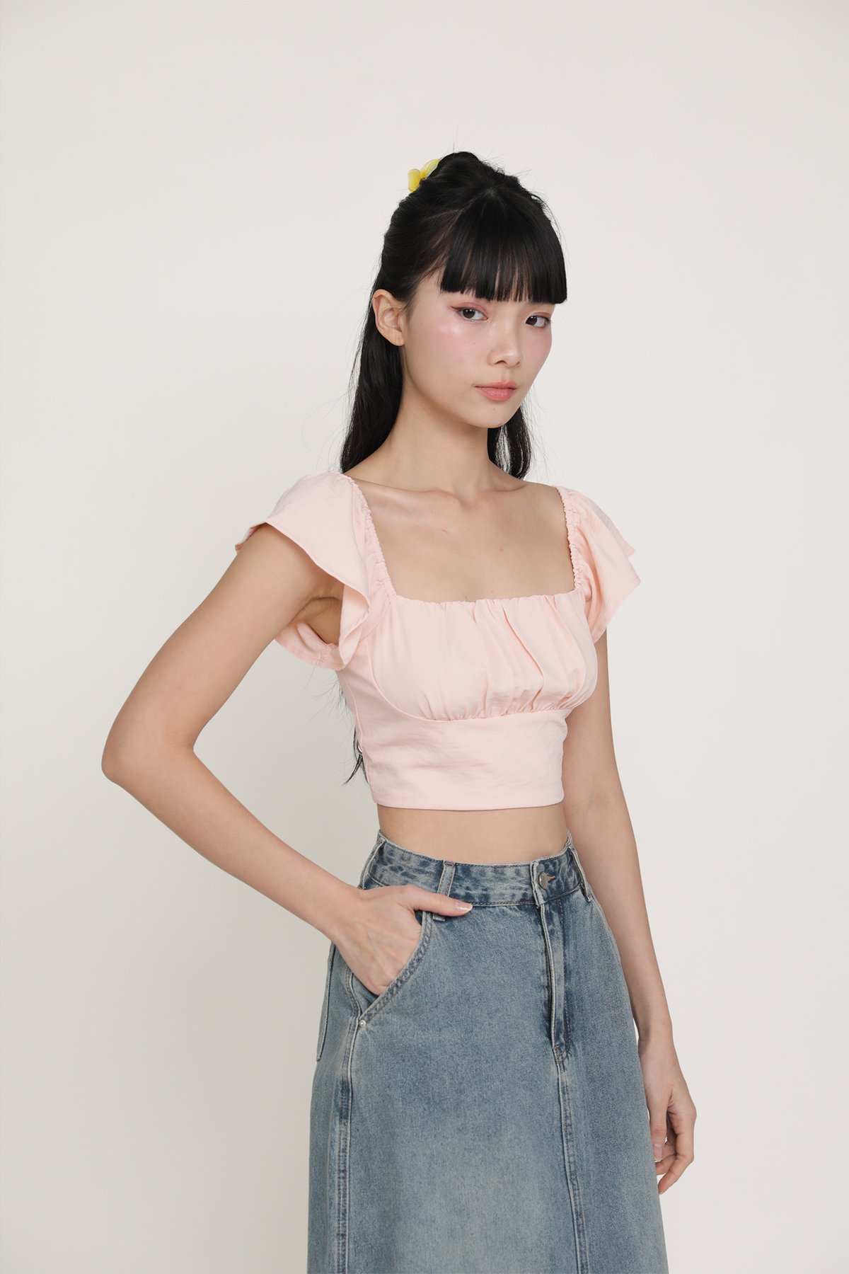 Chelsey Flutter Sleeve Crop Top (Sakura Pink)