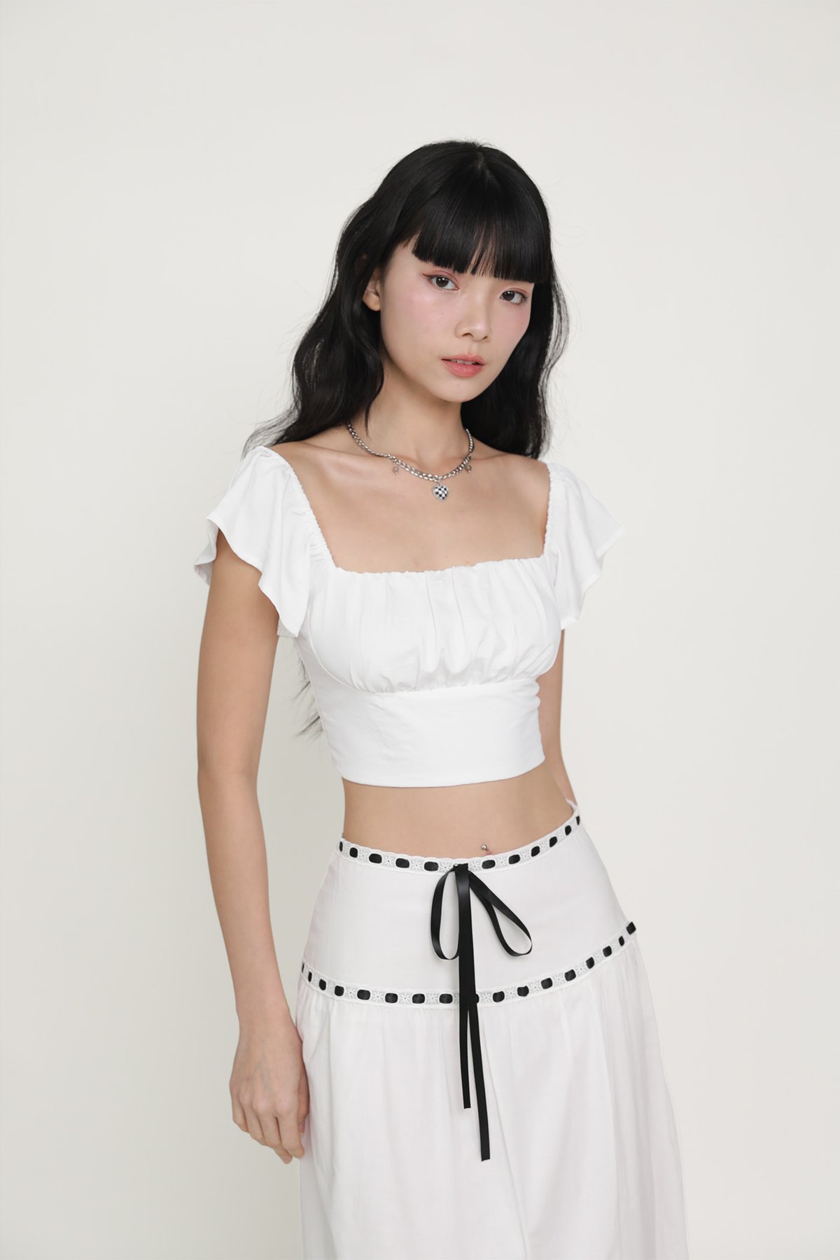 Chelsey Flutter Sleeve Crop Top (White)