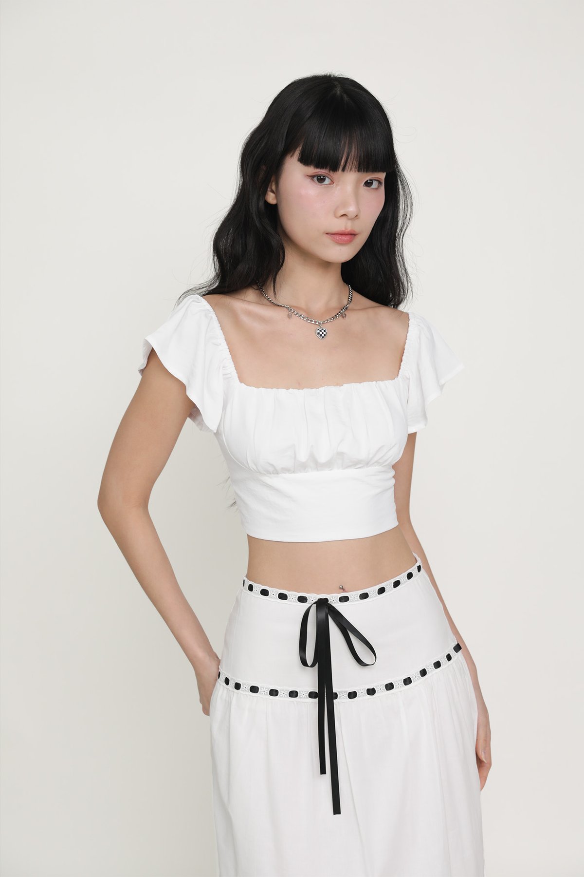 Chelsey Flutter Sleeve Crop Top (White)