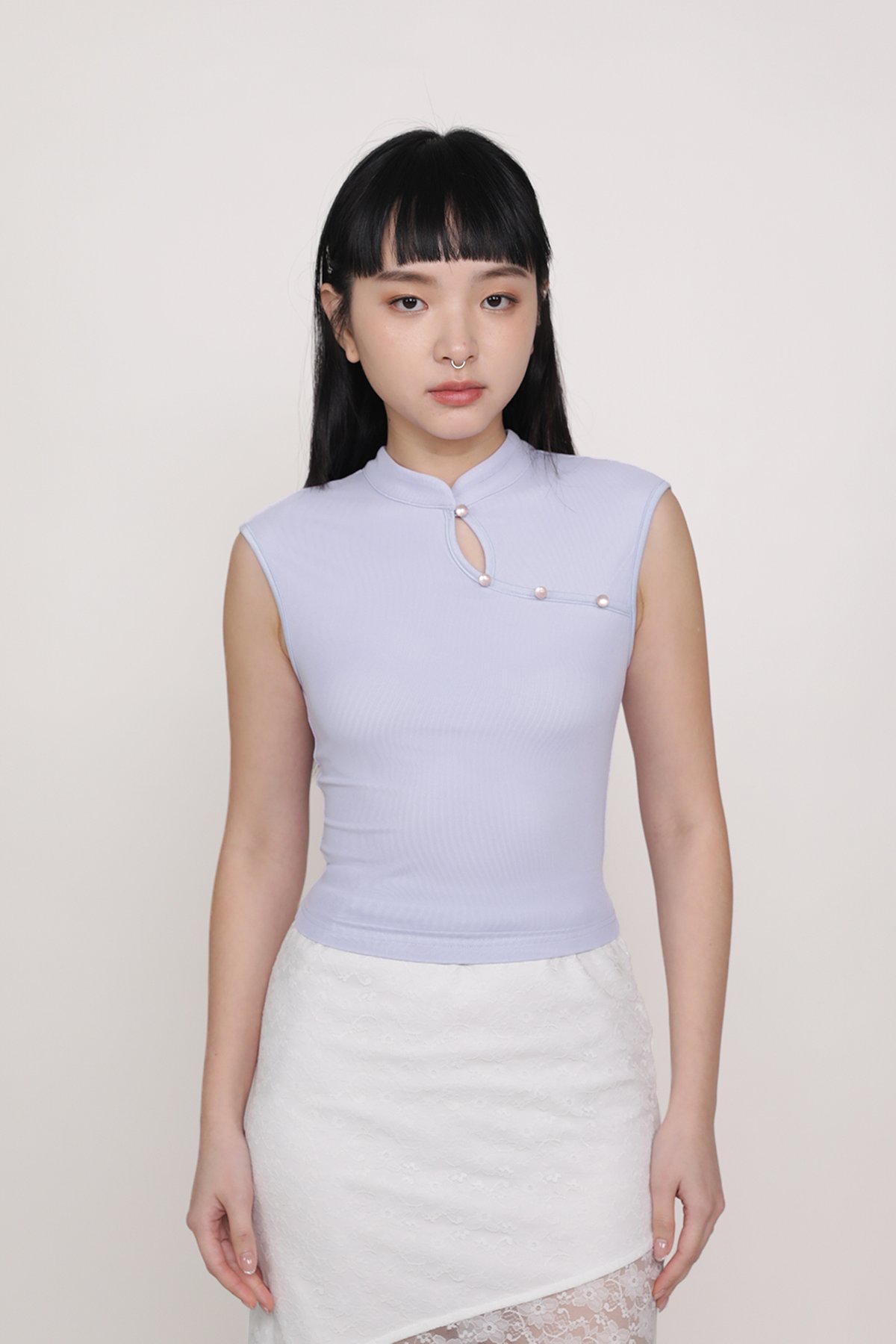 Daniah Mandarin Collar Mesh Top (Lilac)