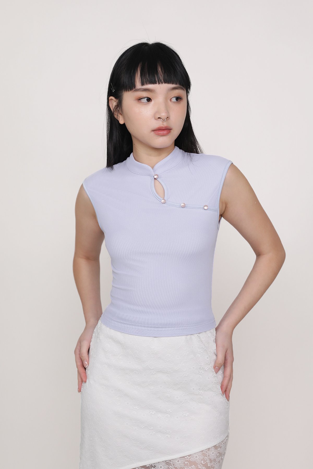 Daniah Mandarin Collar Mesh Top (Lilac)