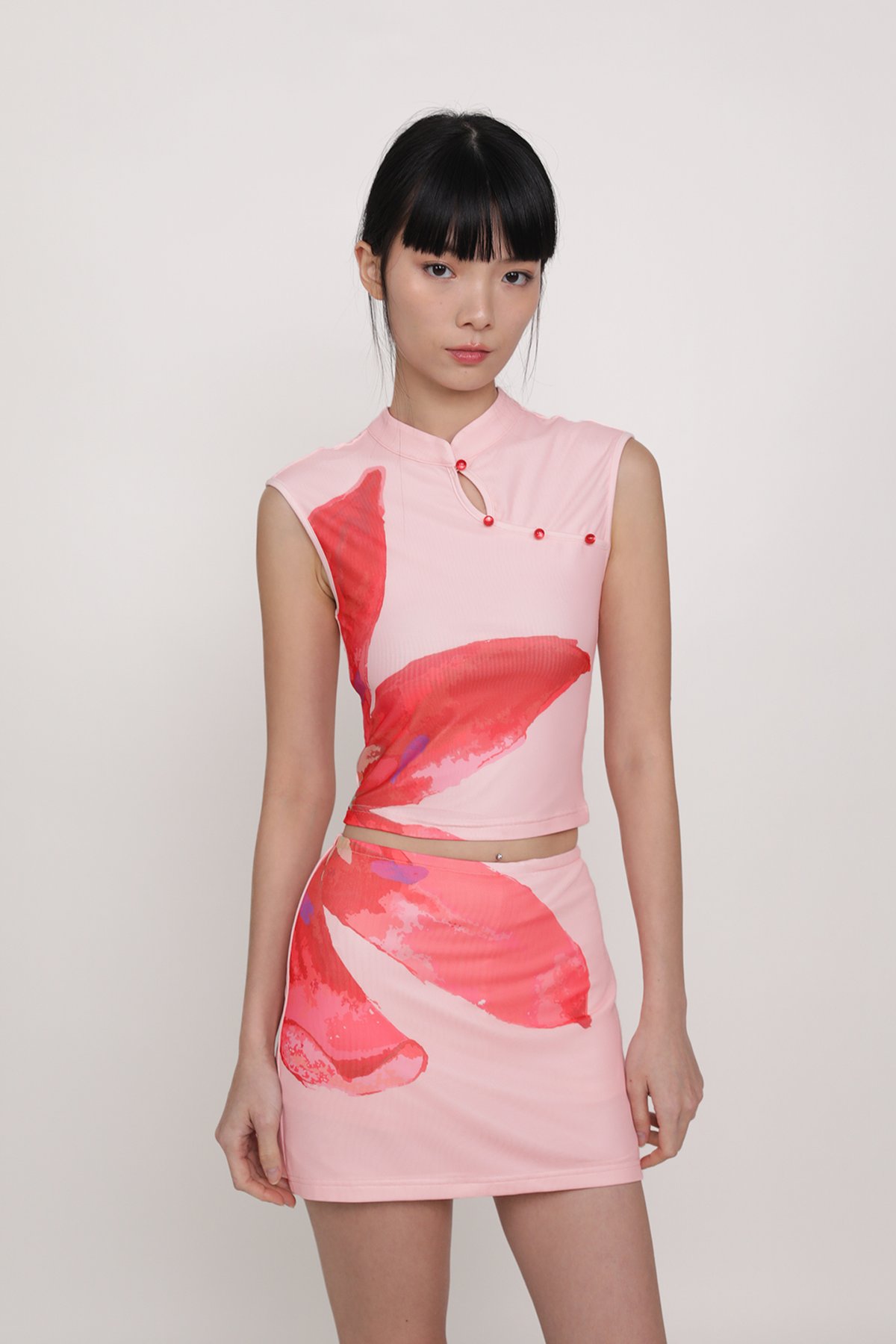 Daniah Mandarin Collar Mesh Top (Pink Flower)