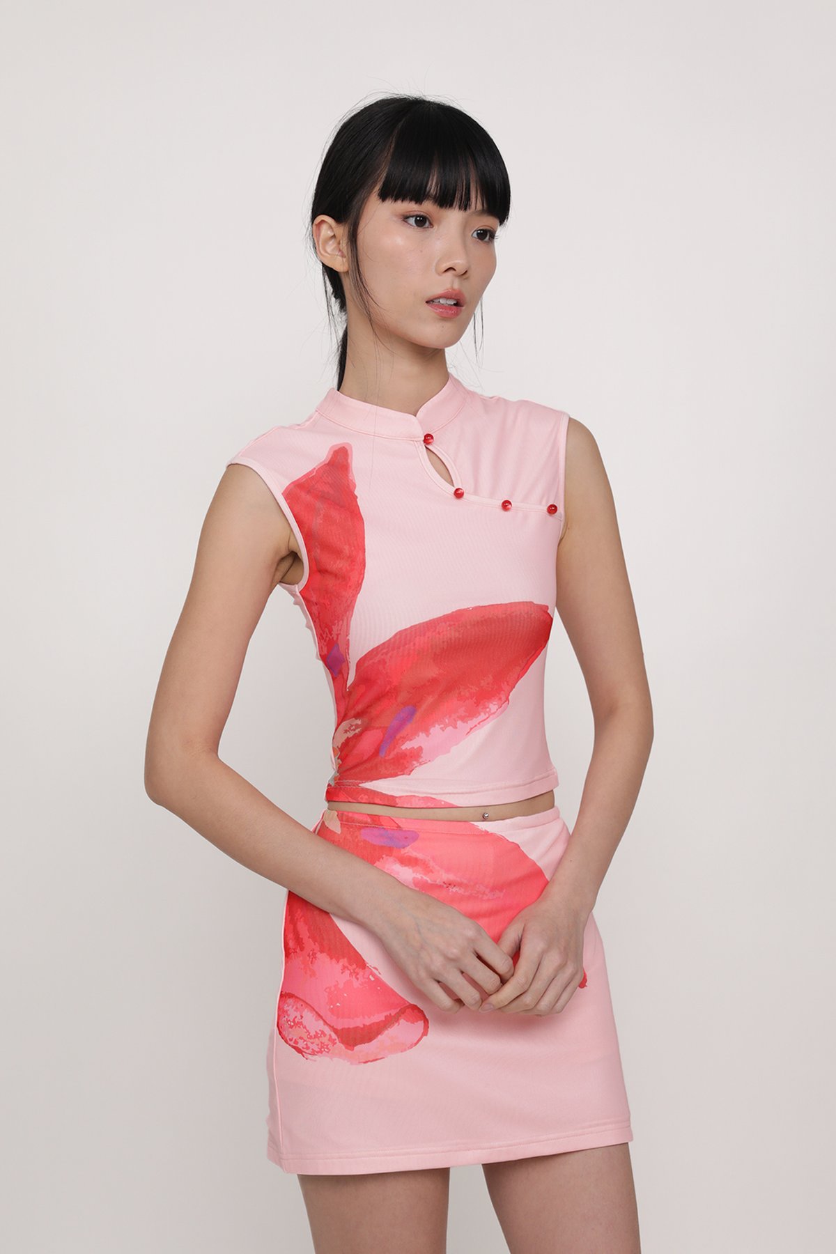 Daniah Mandarin Collar Mesh Top (Pink Flower)