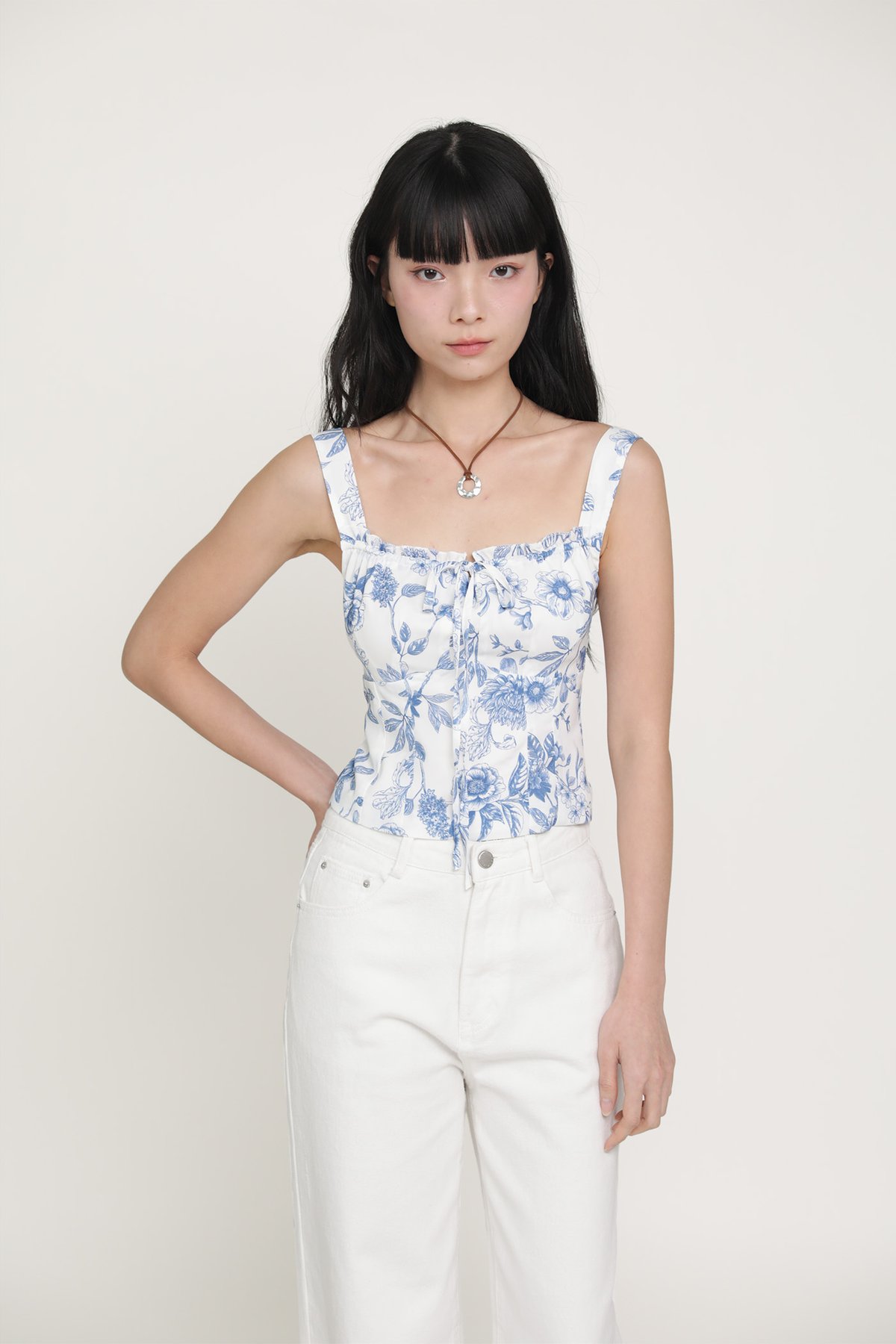 Elayne Frills Tie Front Top (Blue Toile)