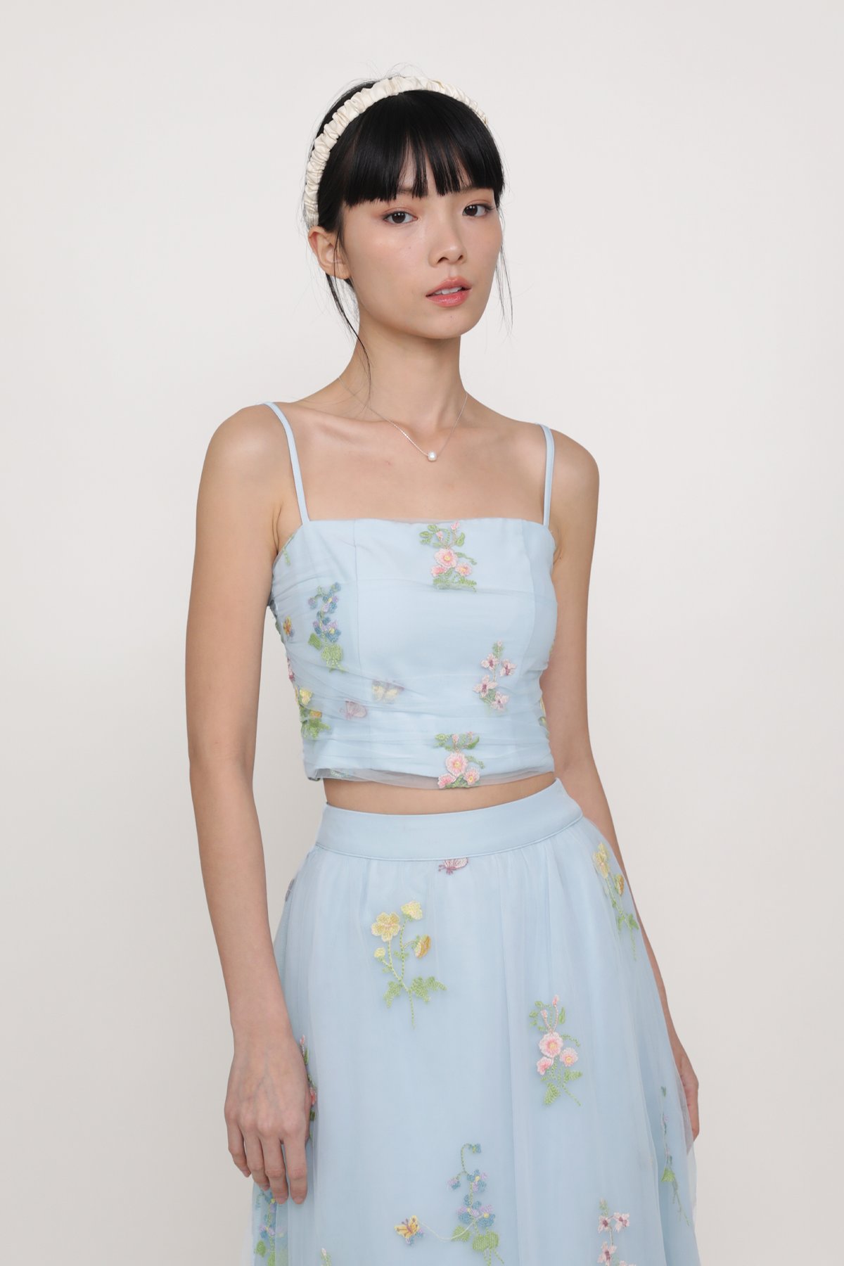 Evelina Embroidery Mesh Padded Top (Sky Blue)